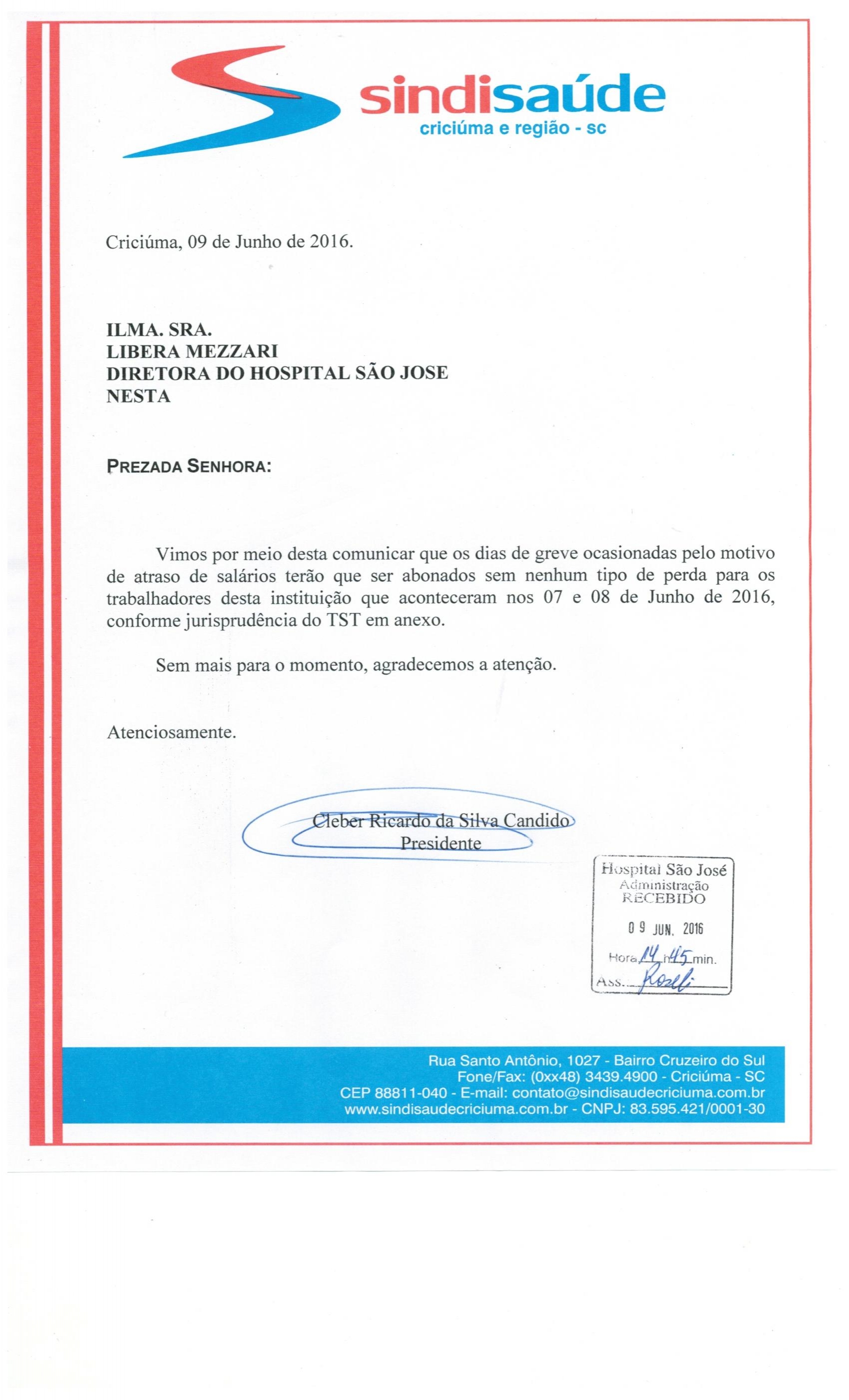 OFÍCIO ENCAMINHADO AO HOSPITAL SÃO JOSÉ SOBRE ABONO DOS DIAS DE GREVE 