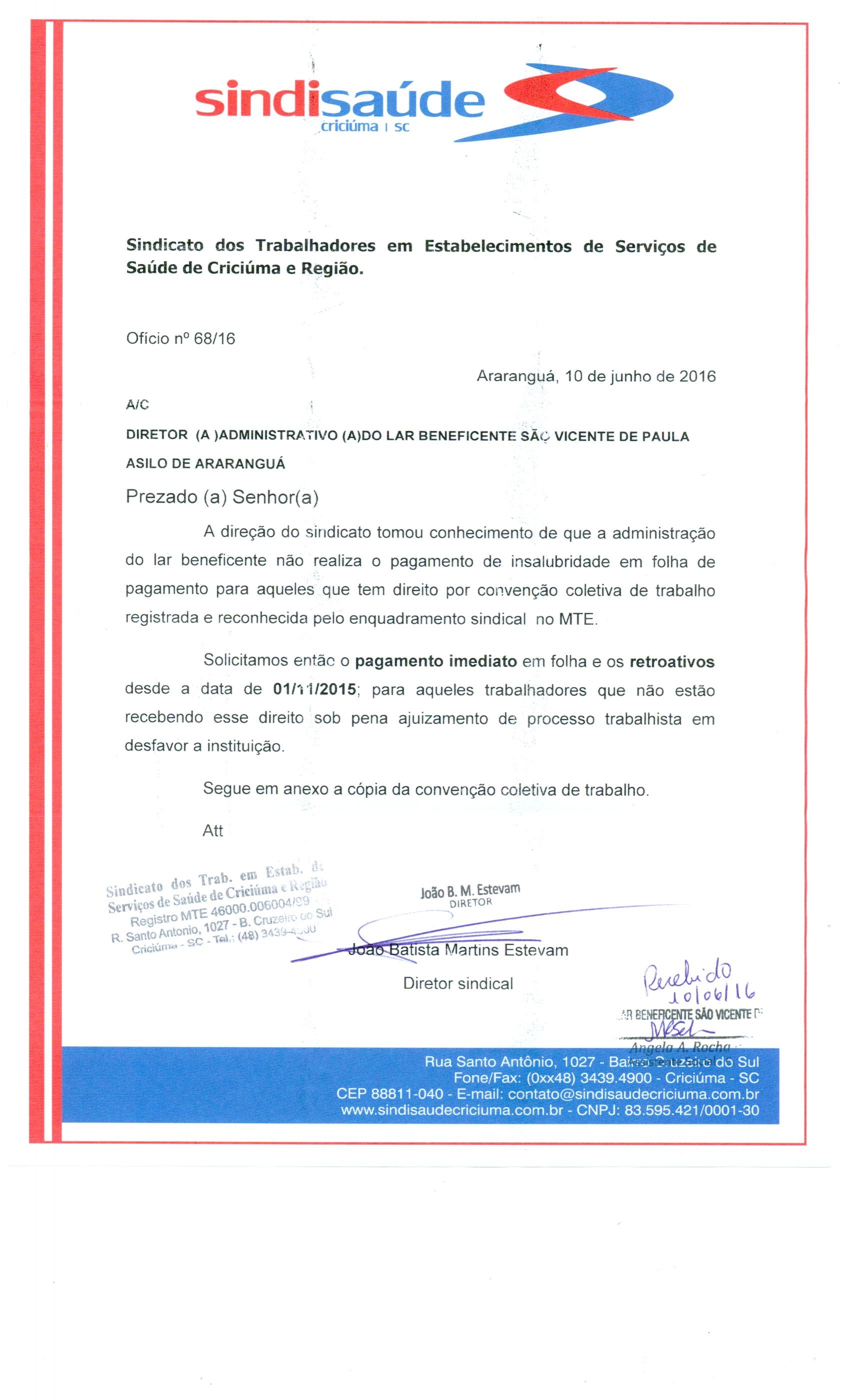 OFÍCIO ENCAMINHADO AO LAR BENEFICENTE SÃO VICENTE DE PAULA ASILO DE ARARANGUÁ