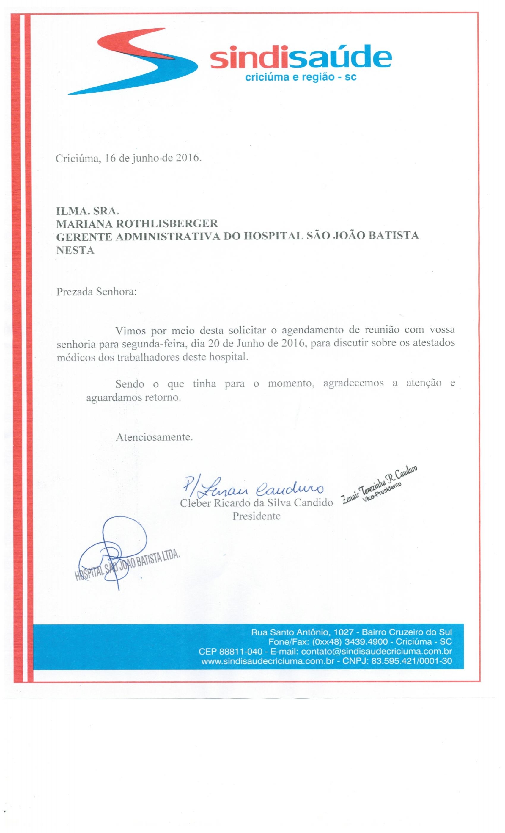 Ofício encaminhado ao Hosp. São João Batista sobre atestado médico