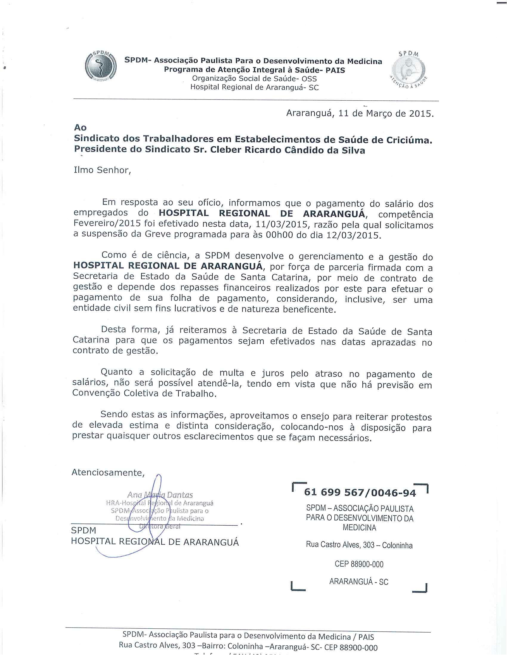 Resposta HRA/SPDM sobre o atraso de salário