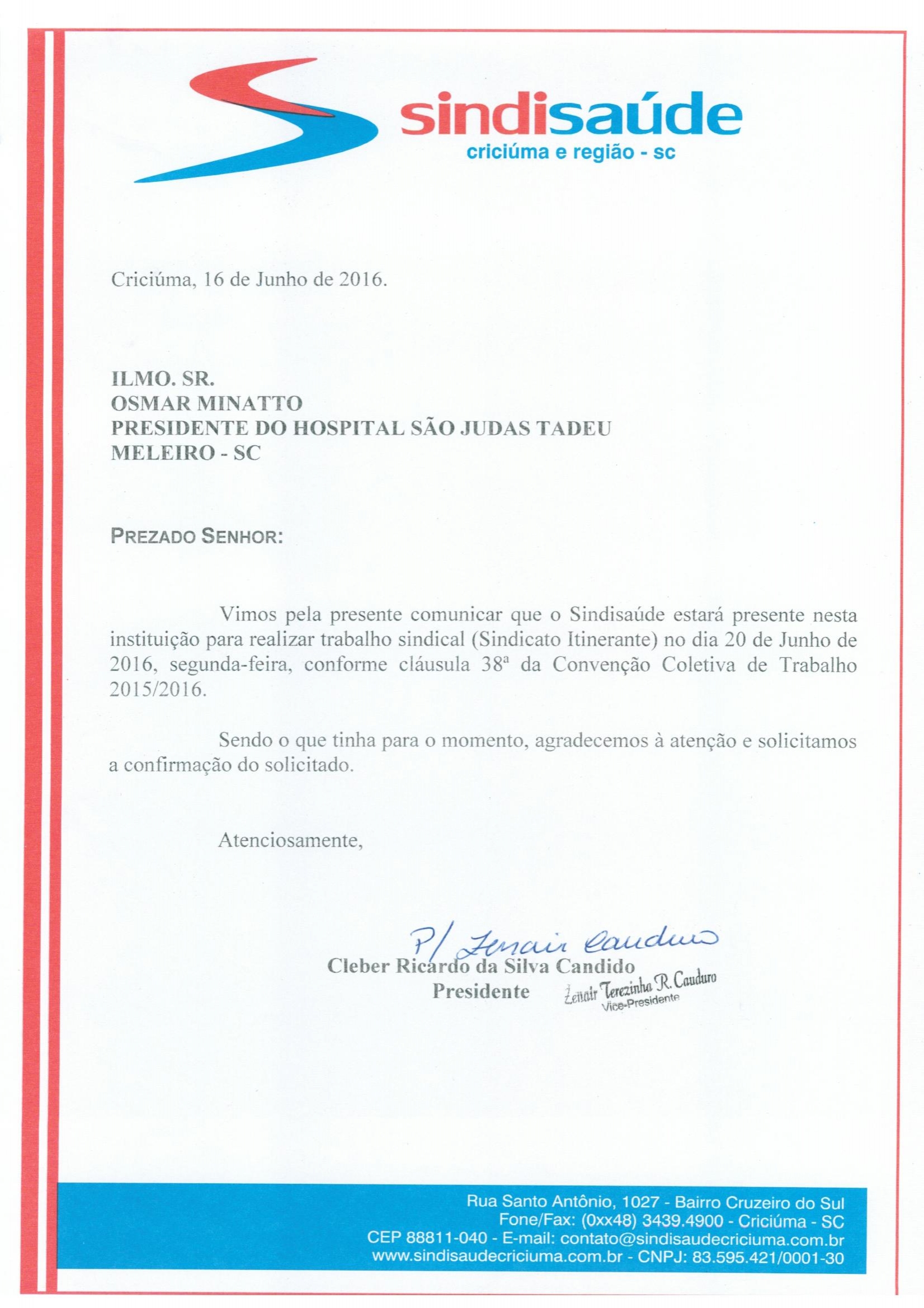 OFÍCIOS SINDICATO ITINERANTE JUNHO/2016