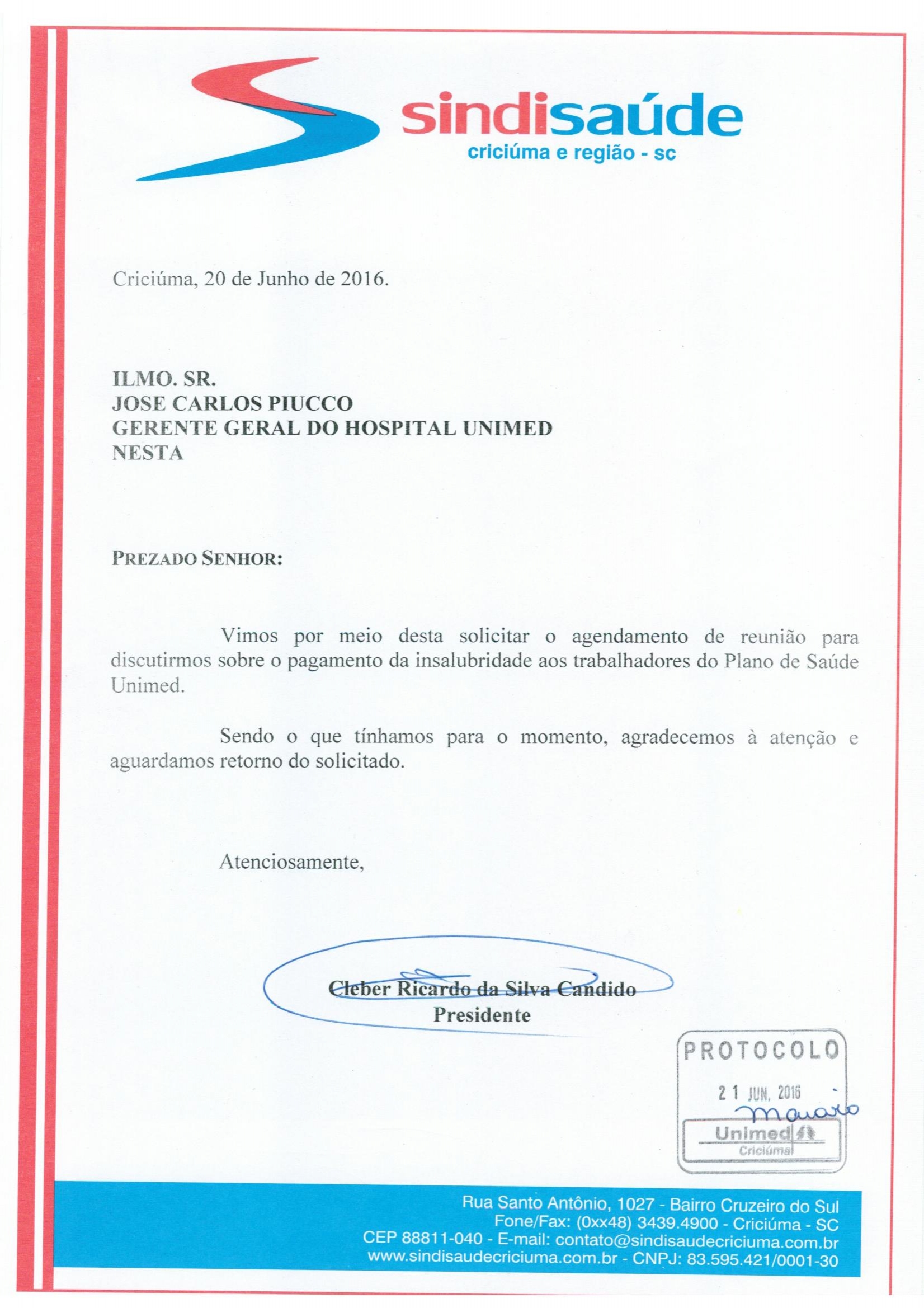 OFÍCIO ENCAMINHADO AO PLANO DE SAÚDE UNIMED SOBRE PAGAMENTO DA INSALUBRIDADE
