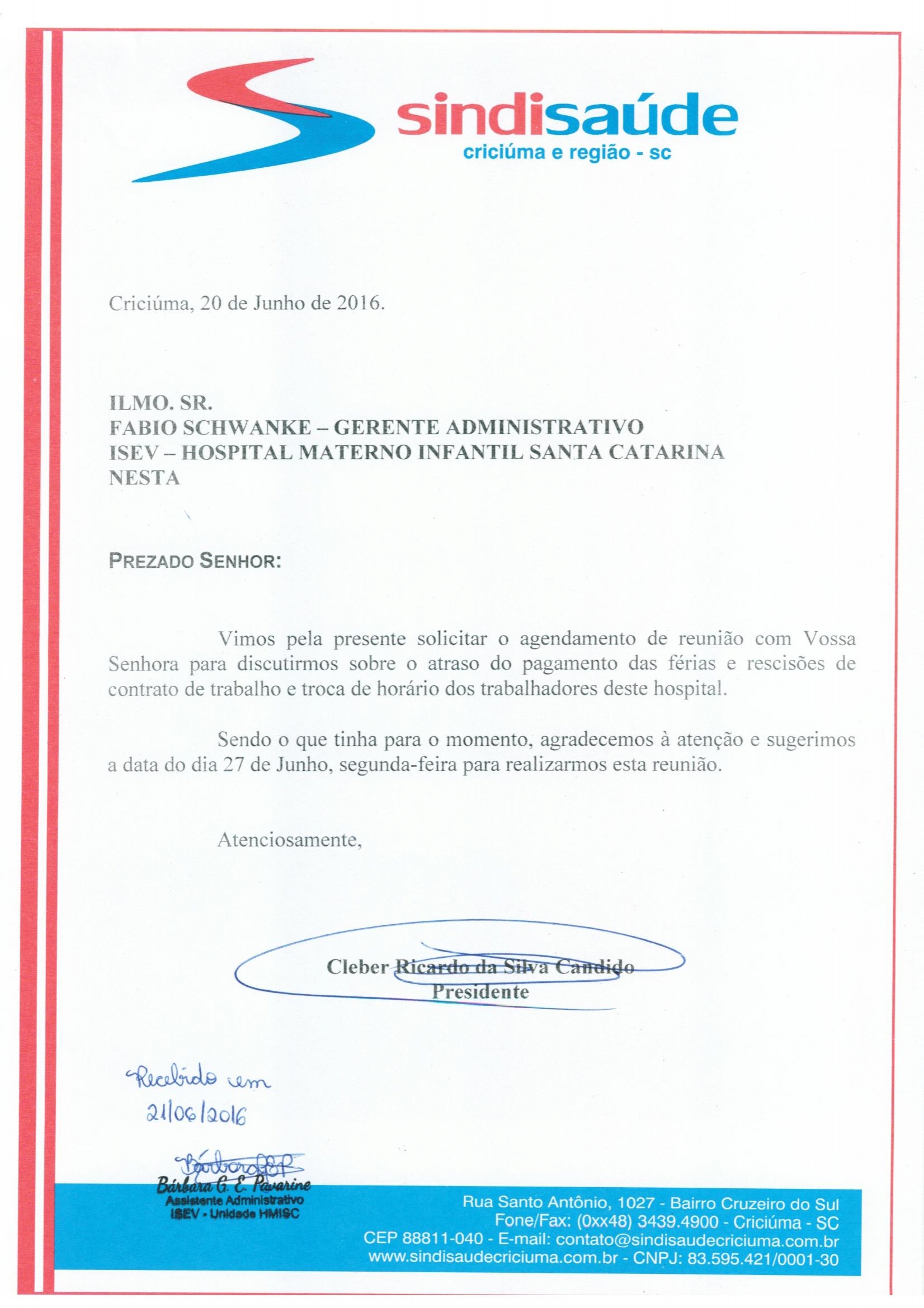 Ofício encaminhado ao ISEV - HMISC sobre atraso no pag. das férias e rescisões de cont. e troca de horário