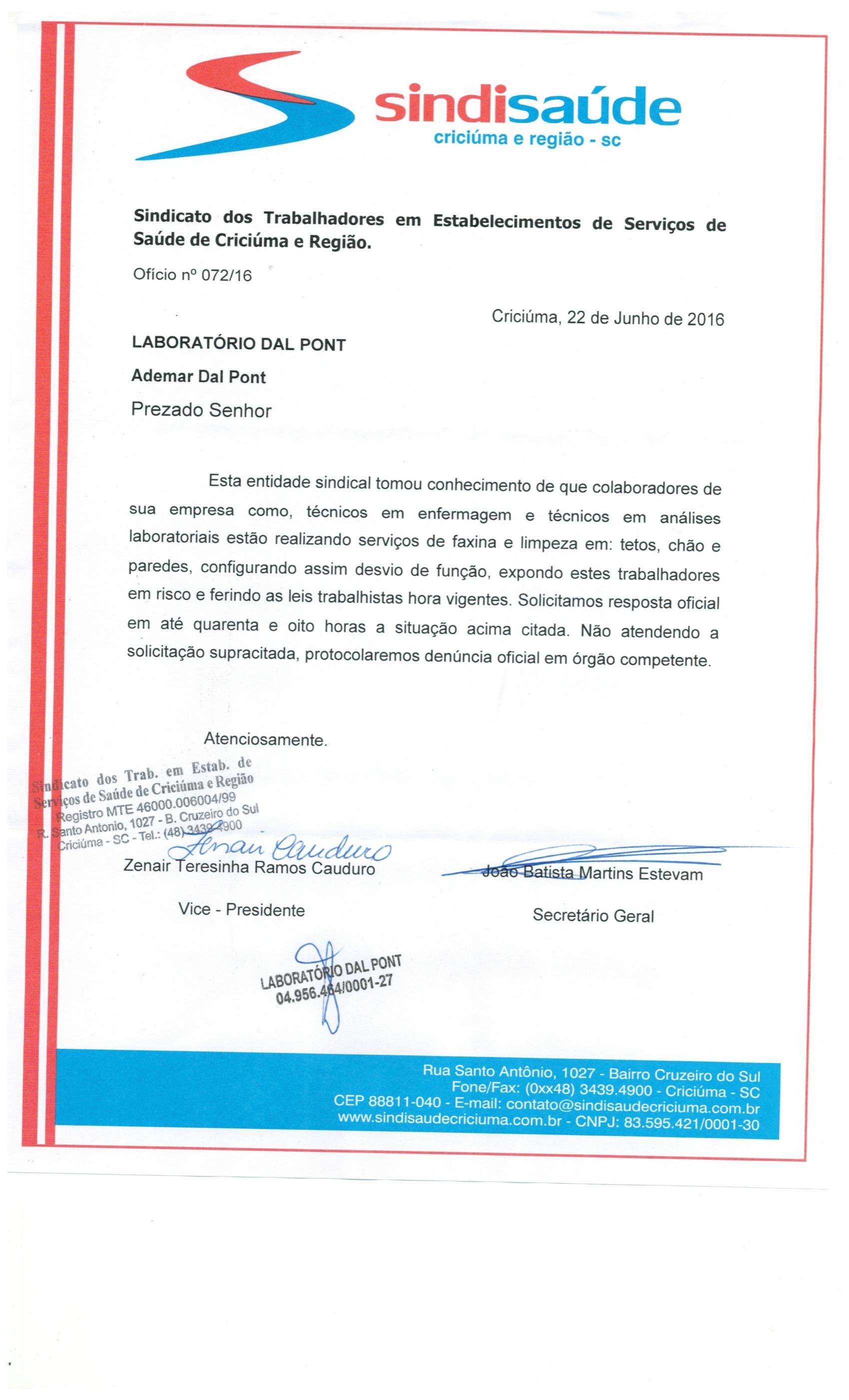 OFÍCIO ENCAMINHADO AO LABORATÓRIO DAL PONT