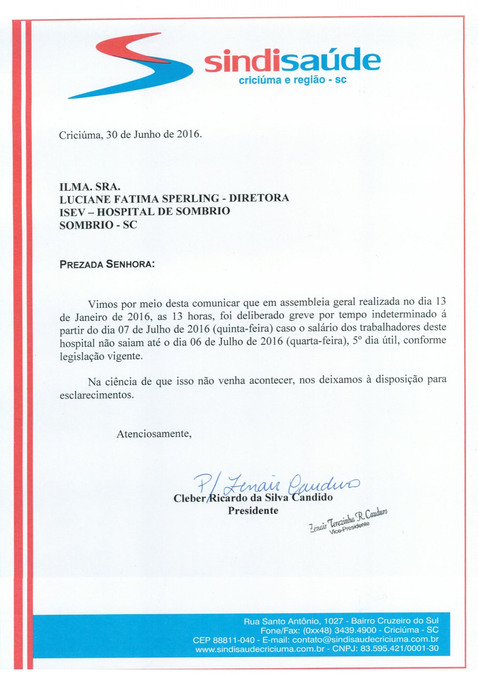 OFÍCIO ATRASO PAGAMENTO DE SALÁRIO ISEV/SOMBRIO