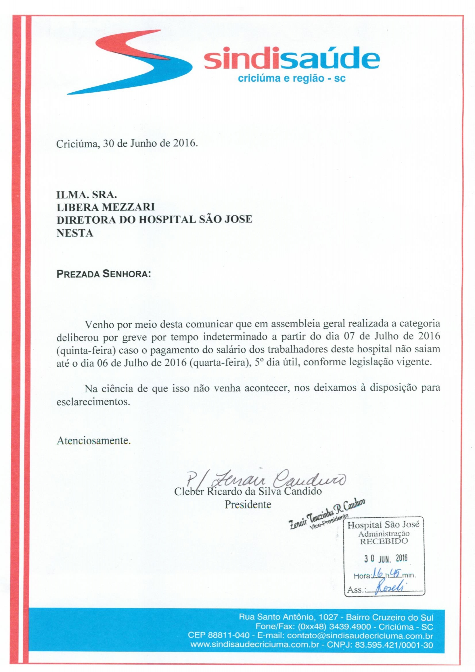 OFÍCIO ATRASO PAGAMENTO DE SALÁRIO HOSPITAL SÃO JOSÉ