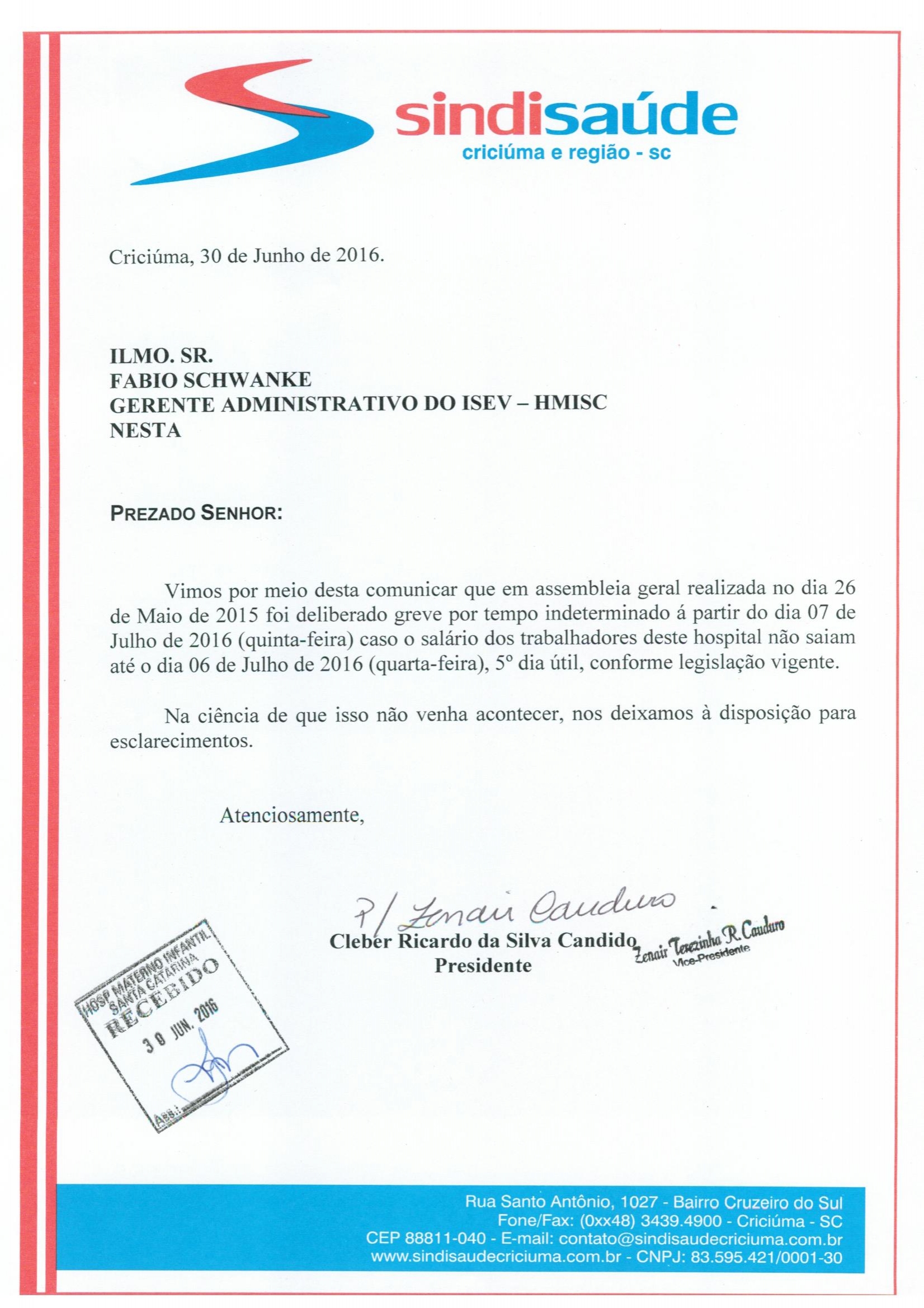 OFÍCIO ATRASO PAGAMENTO DE SALÁRIO ISEV/HMISCATARINA