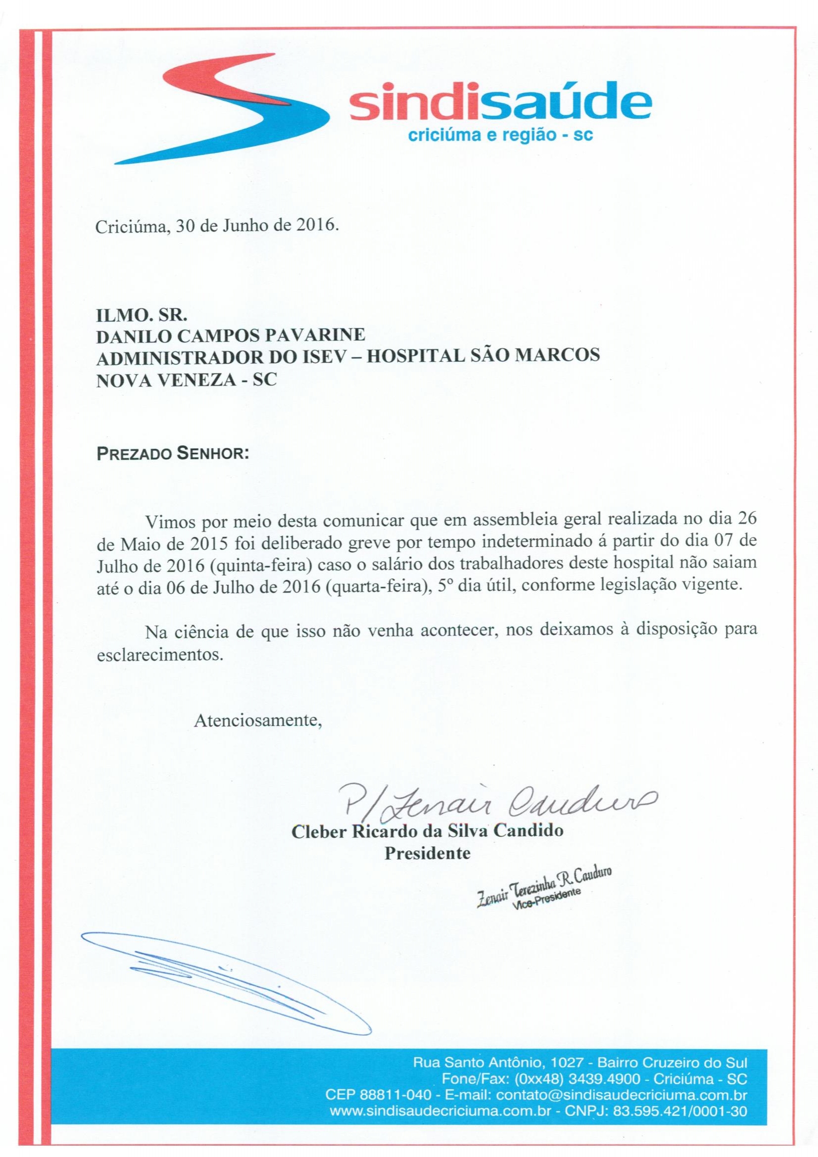 OFÍCIO ATRASO PAGAMENTO DE SALÁRIO ISEV/H.S.MARCOS