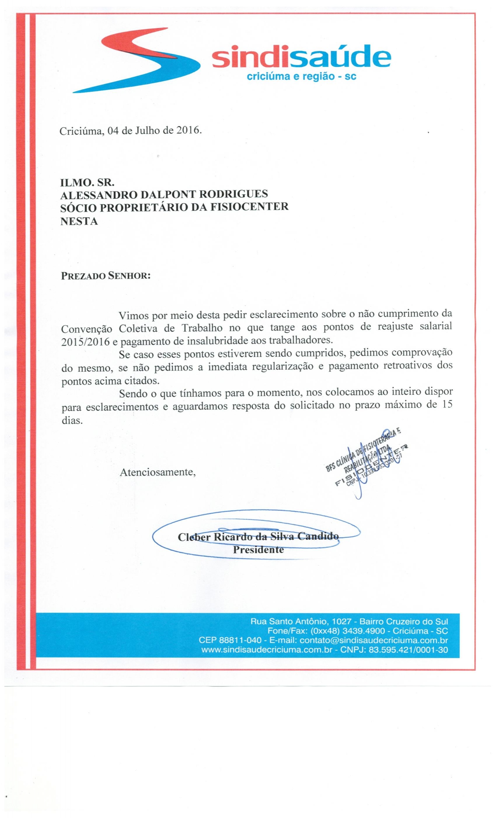 OFÍCIO ENCAMINHADO A FISIOCENTER DE CRICIÚMA