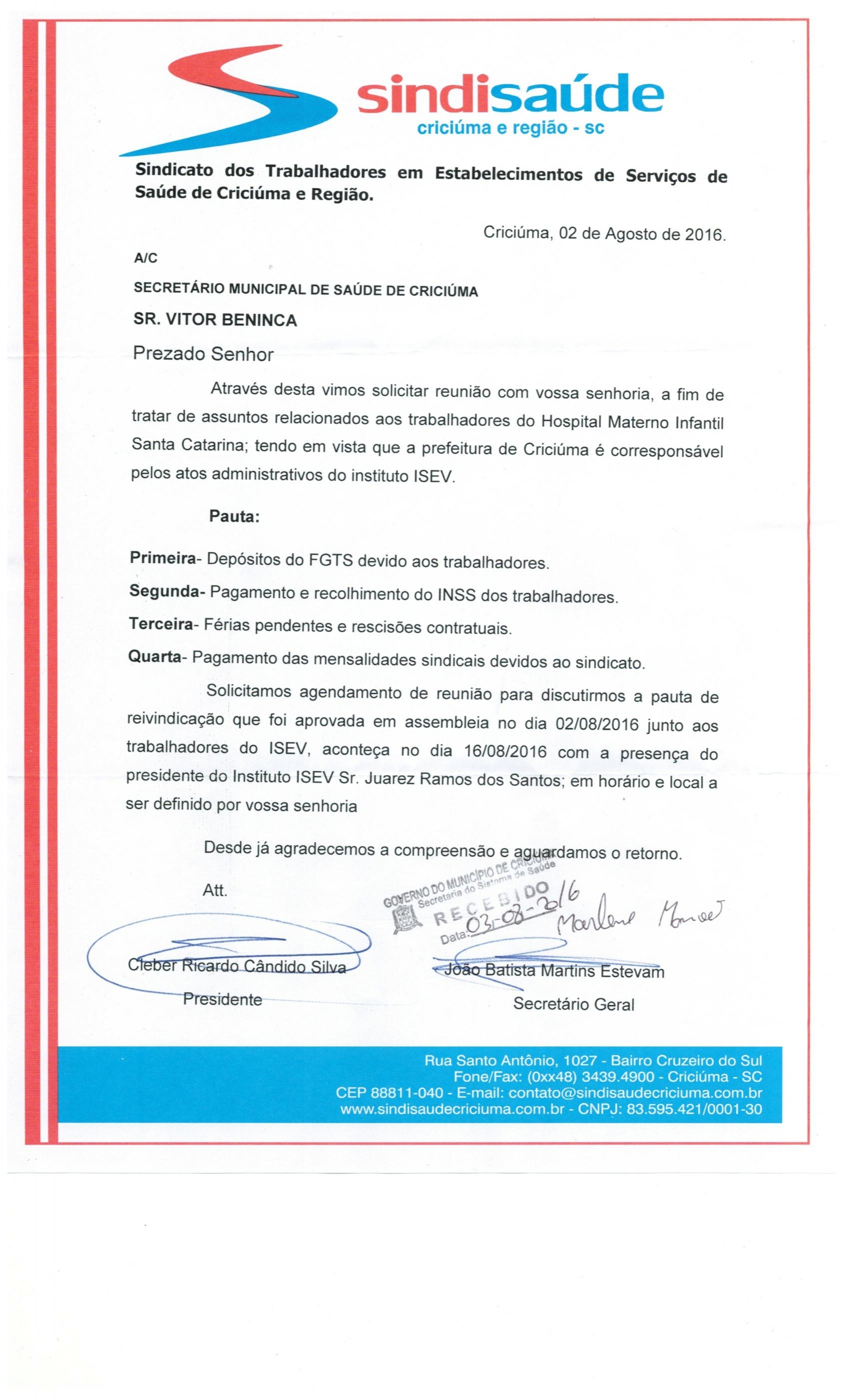 Oficio a Secreataria de Saude do Municipio de Criciuma