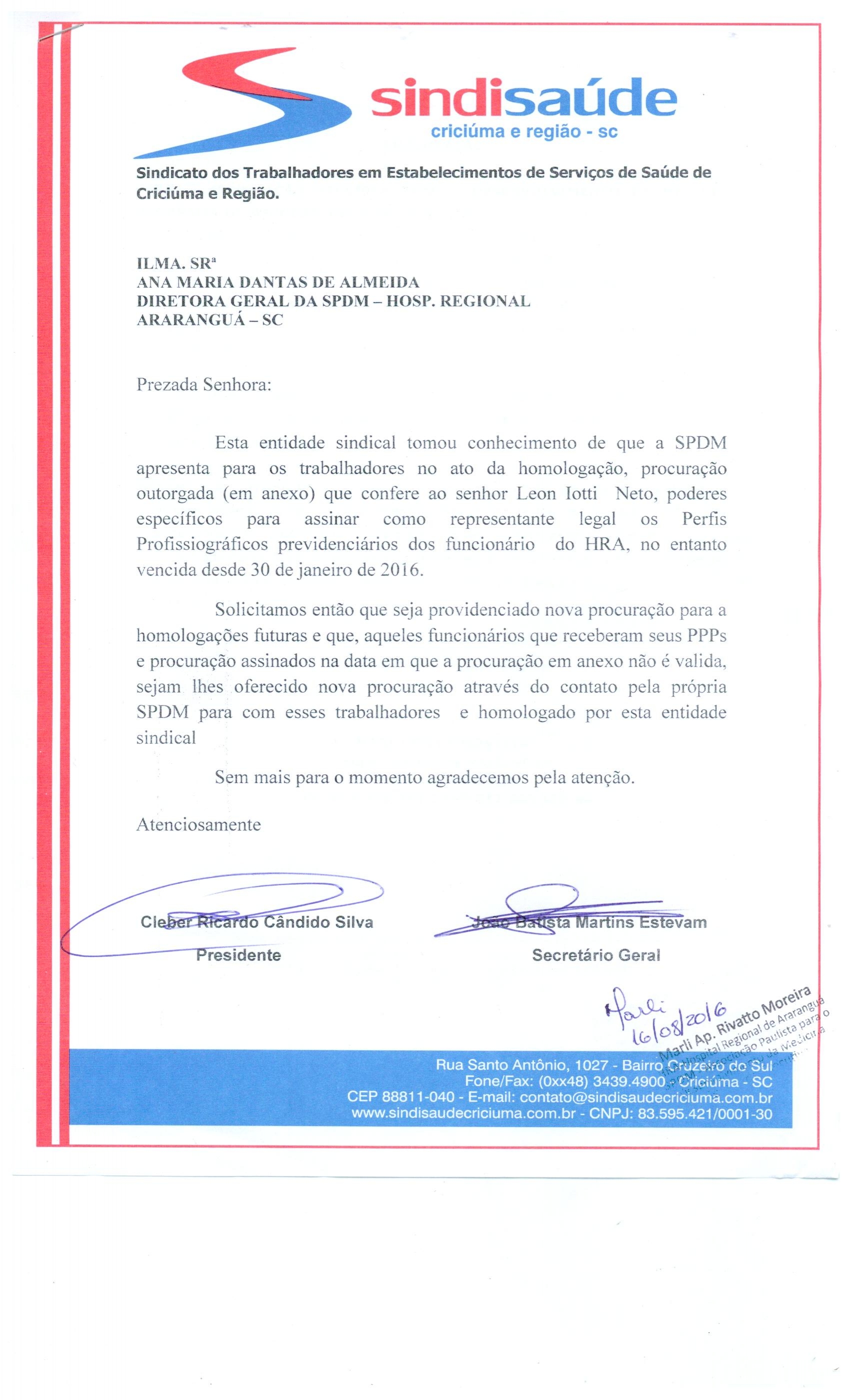  Oficio PPP- SPDM Hospital Regional de Ararangua .