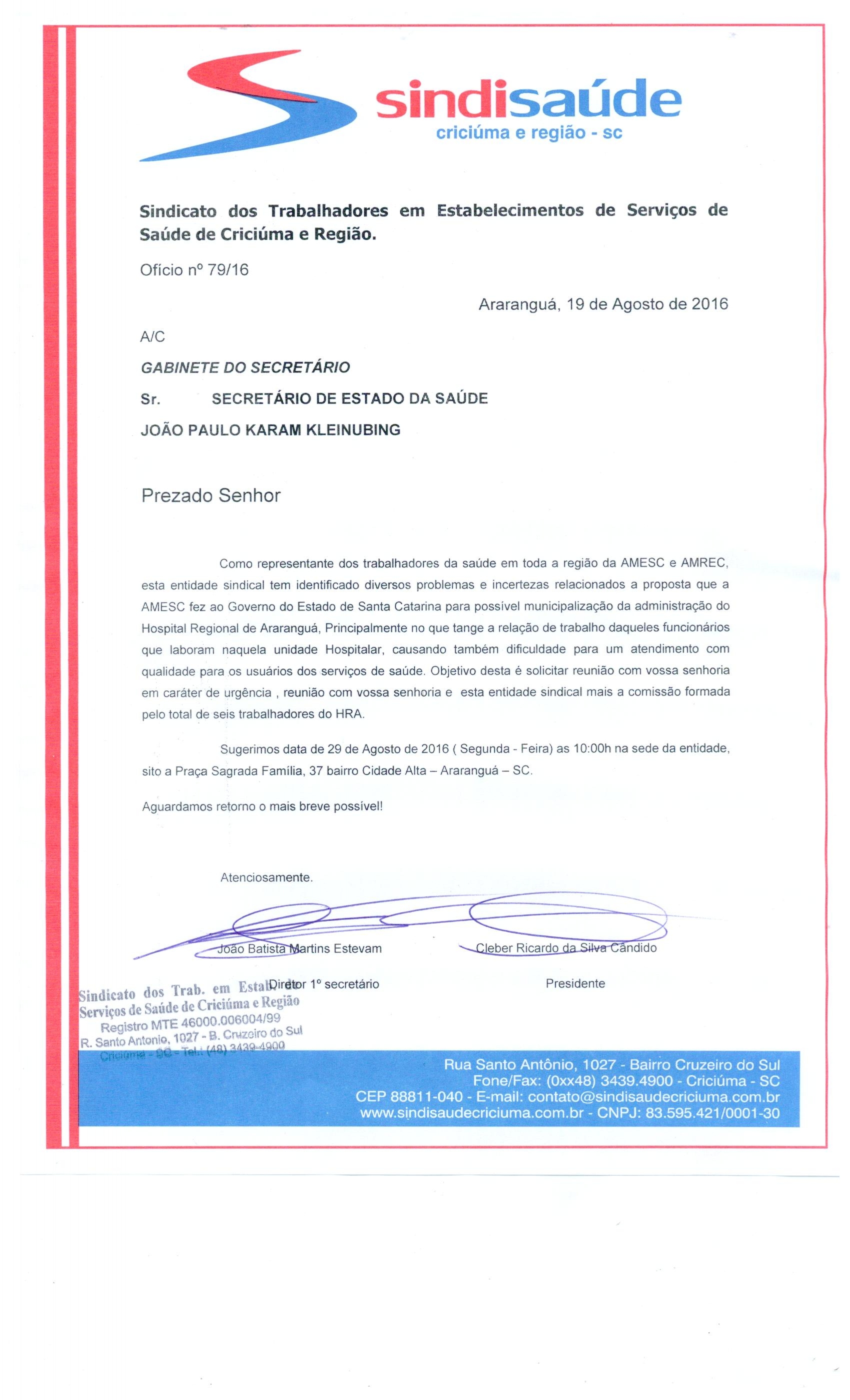  Oficio Sr. Secretario de Estado da Saude João Paulo Karan Kleinubing