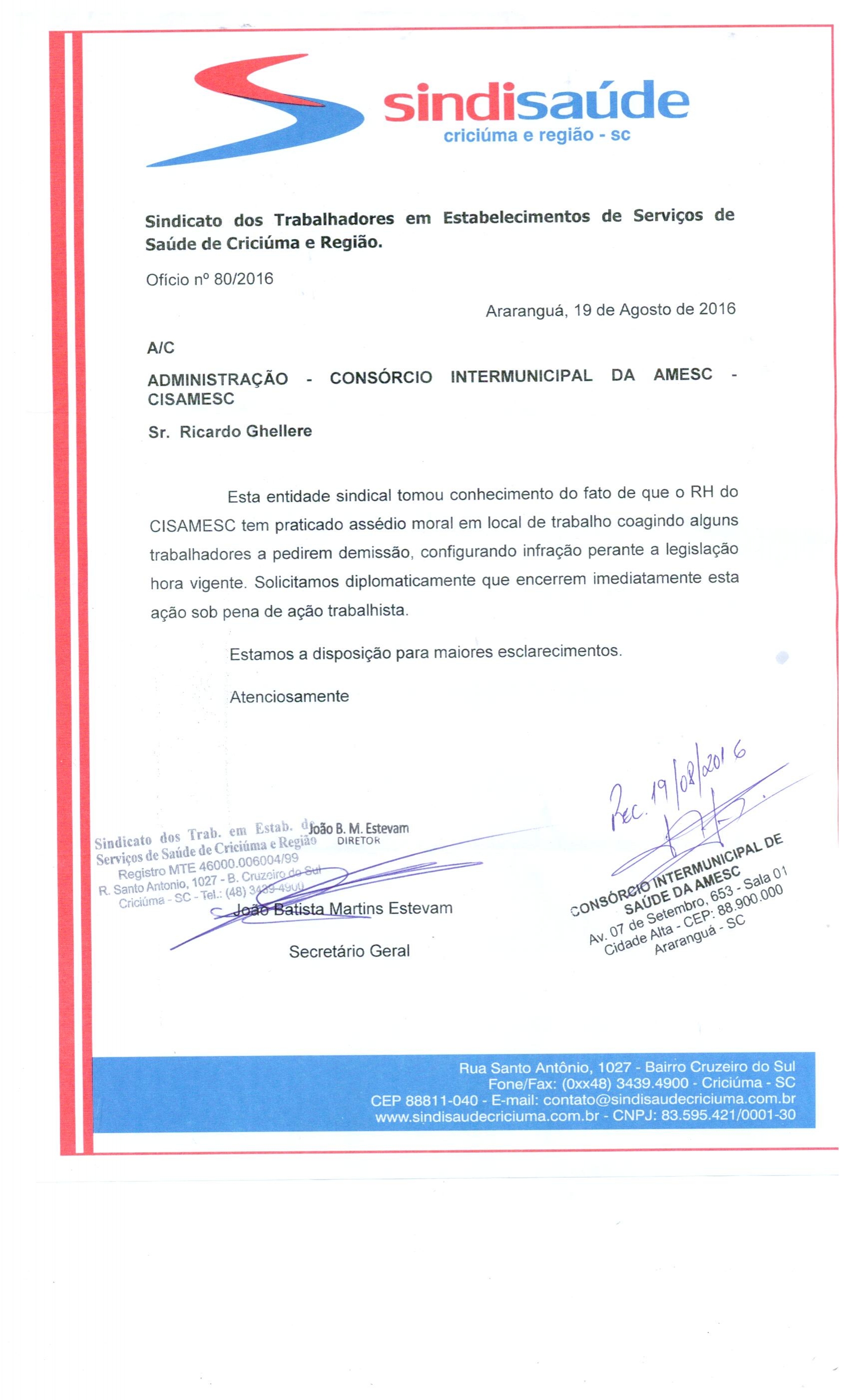 Oficio encaminhado a Consorcio Intermunicipal da Amesc- Cisamesc