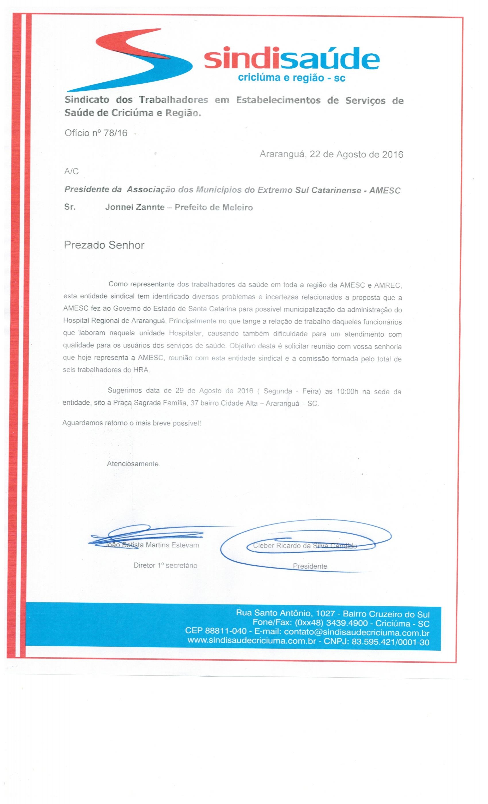 Oficio encaminhado a Consorcio Intermunicipal da Amesc- Sr. Jonnei Zannte