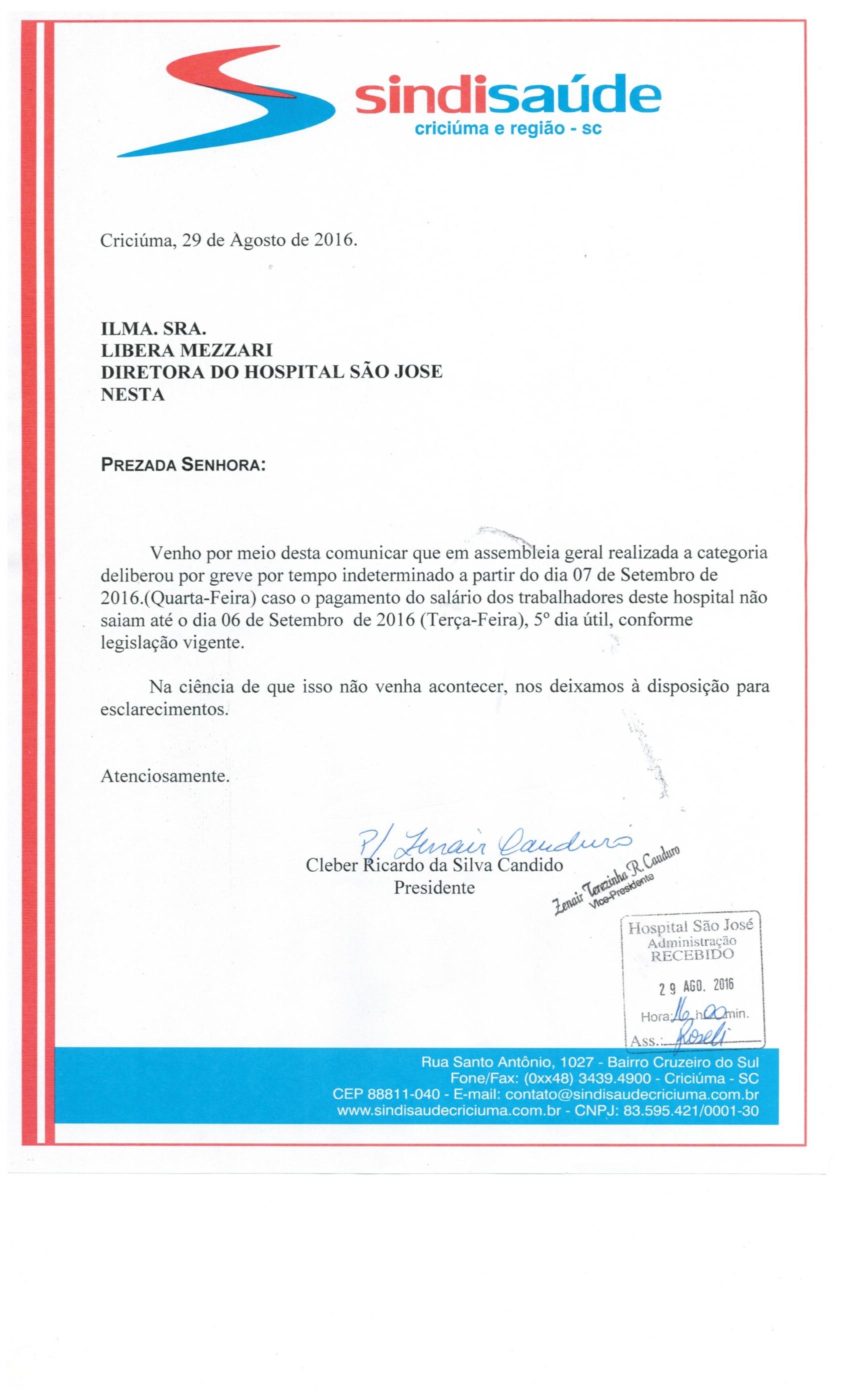 oficio Greve Atraso de Salario Hospital São Jose