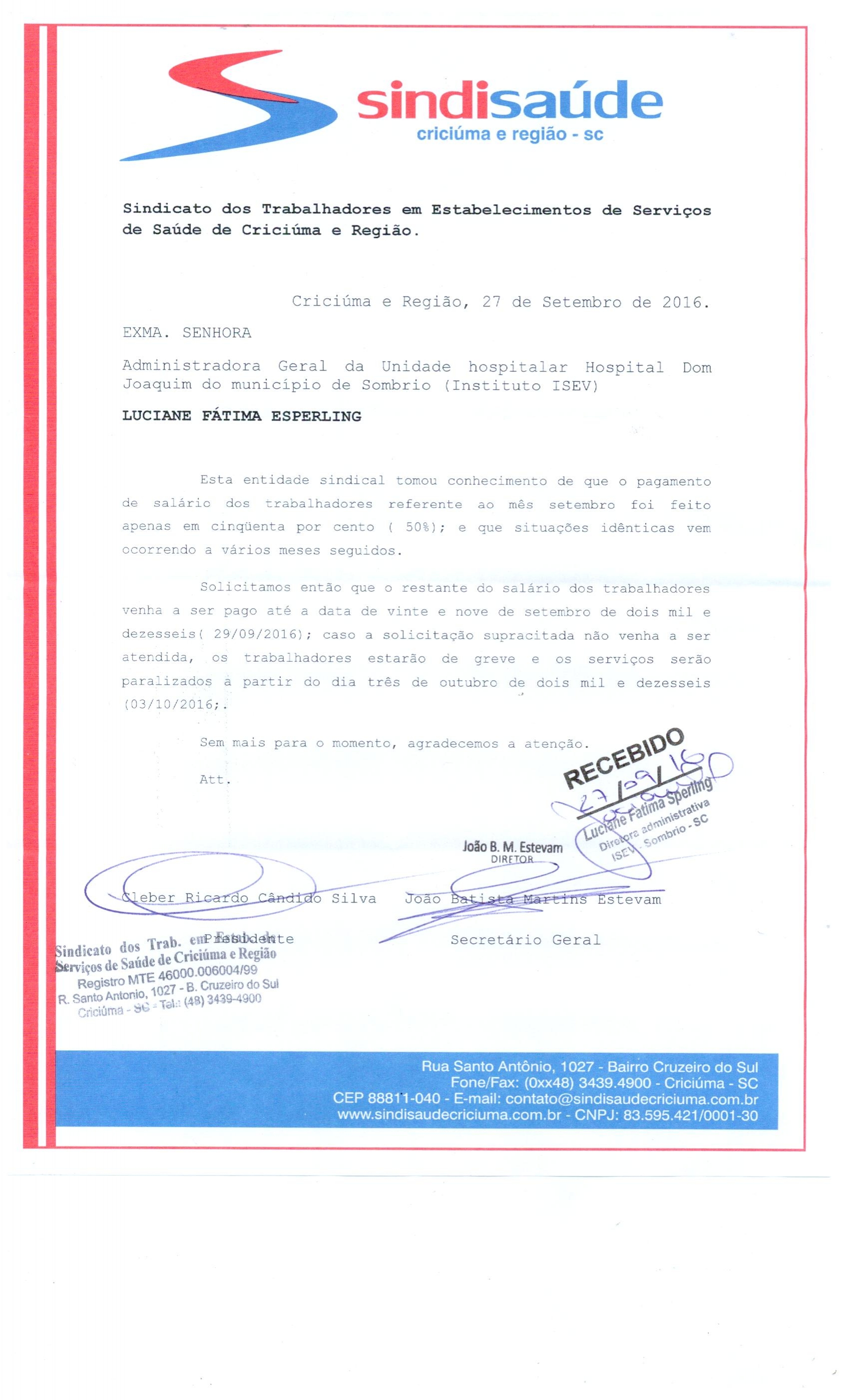 Ofício encaminhado ao ISEV Sombrio