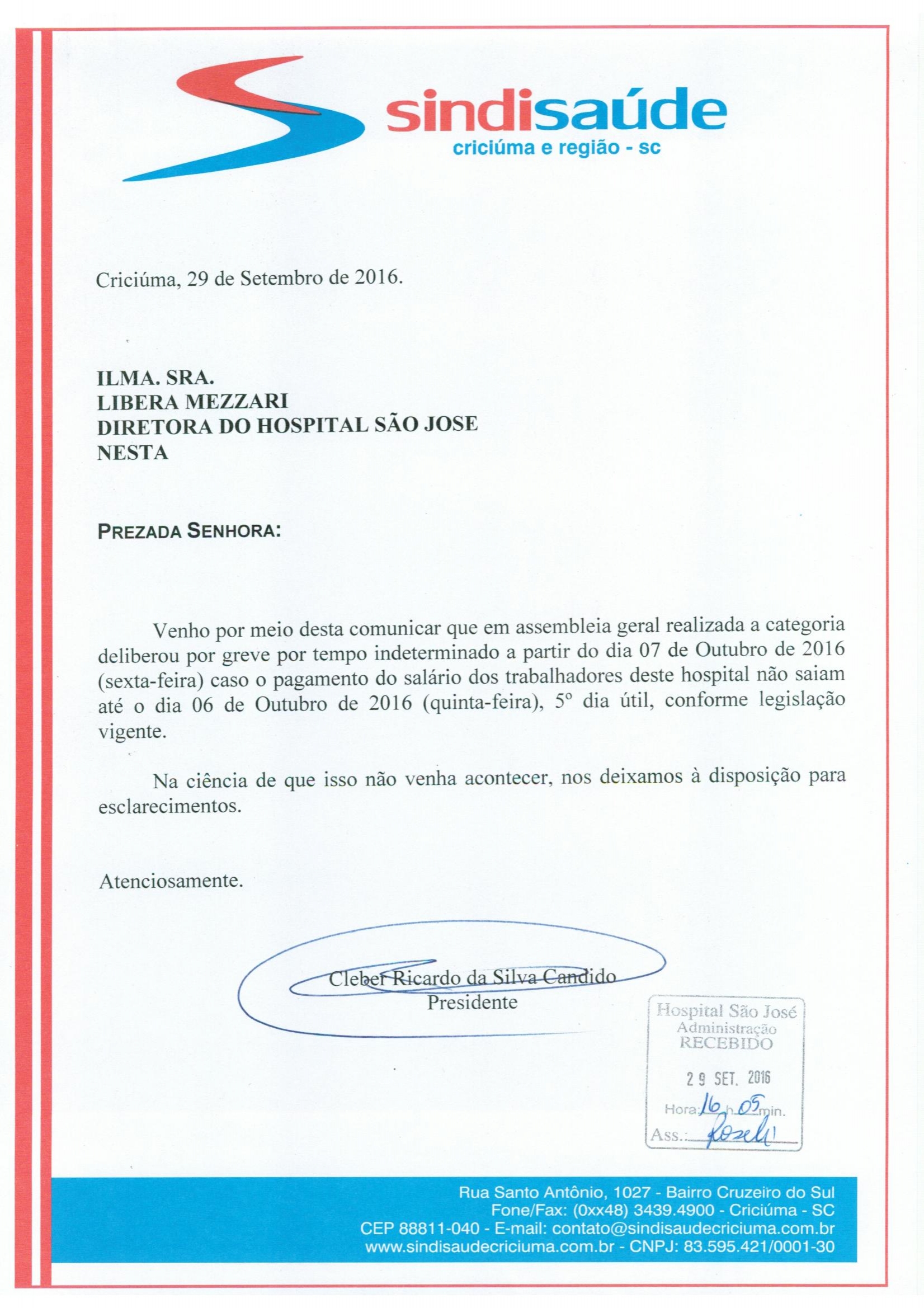 Ofício atraso de pagamento de salários Hospital São José