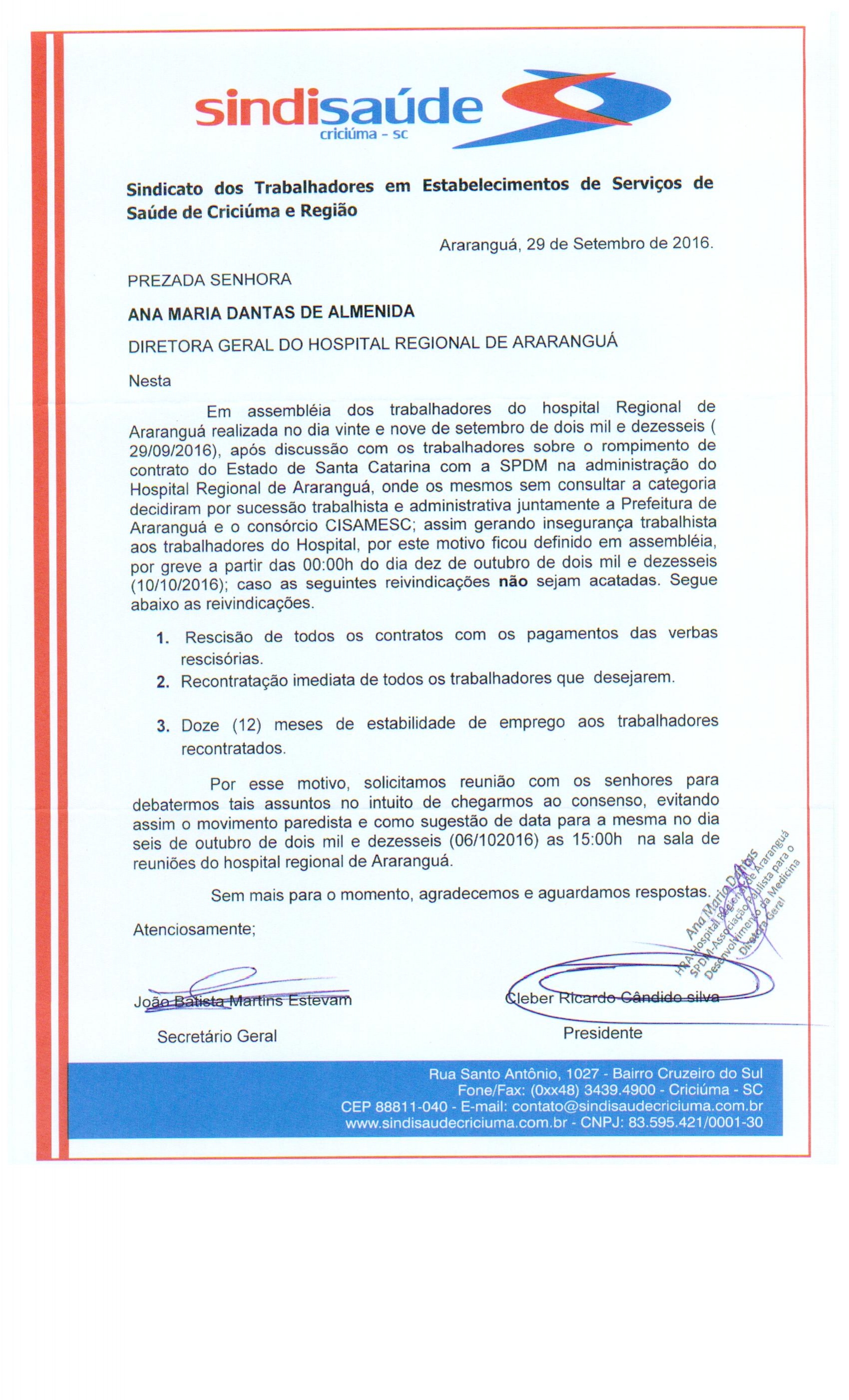 Ofício encaminhado a SPDM - HRA sobre assembleia com os trabalhadores