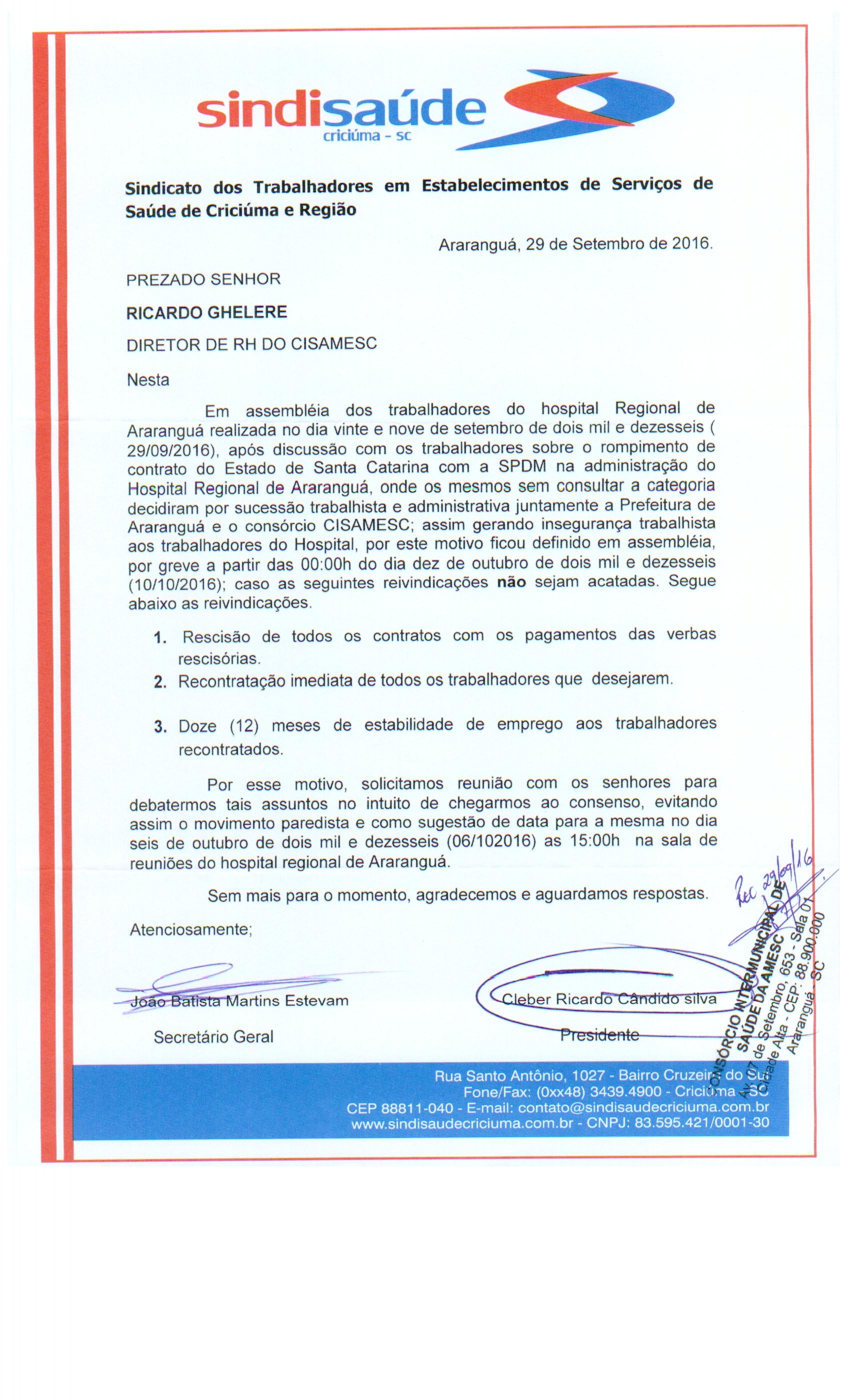 Ofício encaminhado a CISAMESC sobre assembleia com os trabalhadores da SPDM - HRA