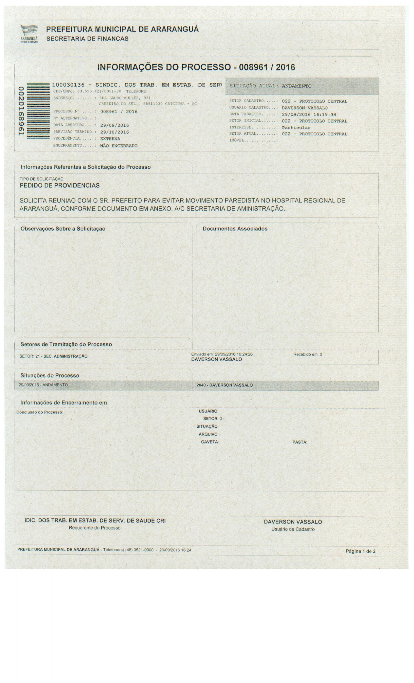 Informação processo 8961/2016 SPDM - HRA