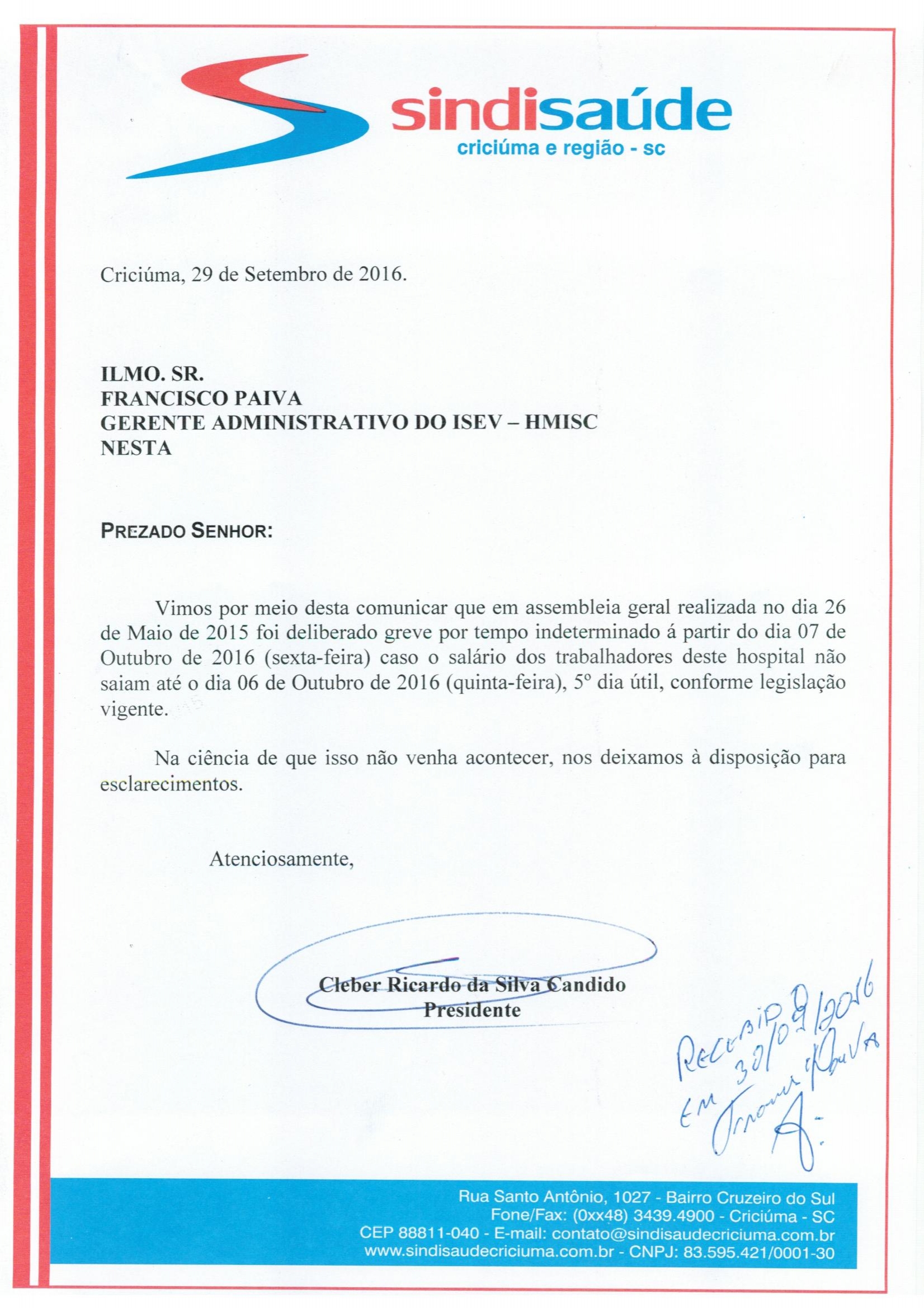 Ofício atraso pagamento de salários ISEV - HMISC