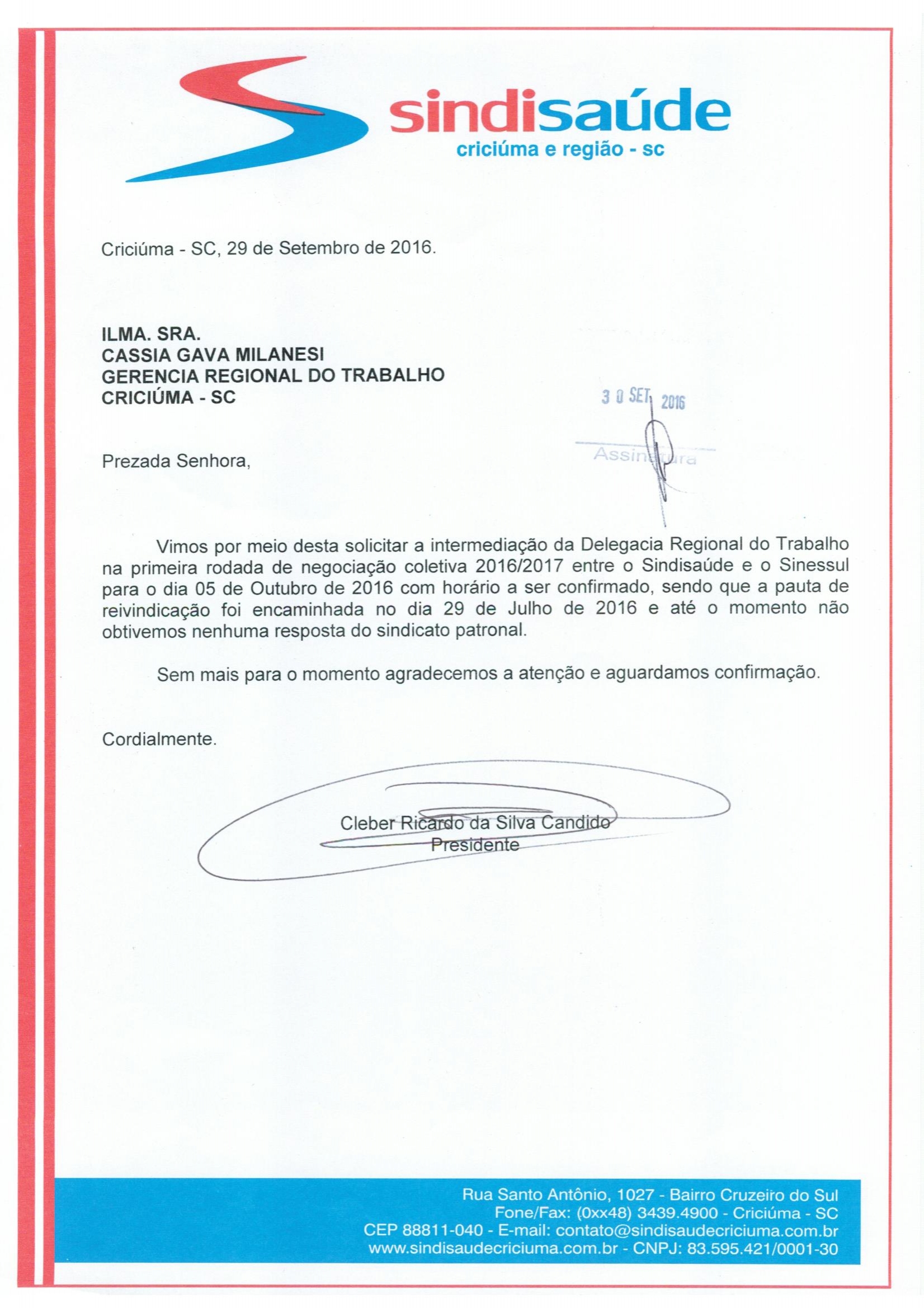 Ofício encaminhado a Gerencia Regional do Trabalho de Criciúma