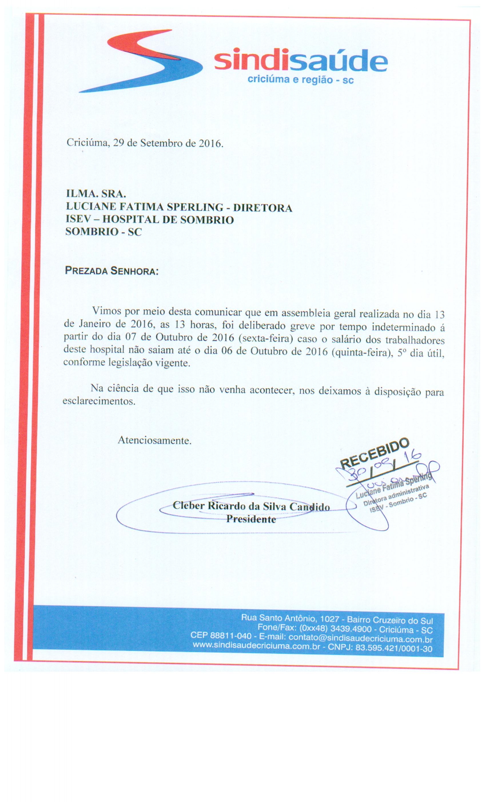 Ofício atraso de pagamento de salários ISEV - SOMBRIO