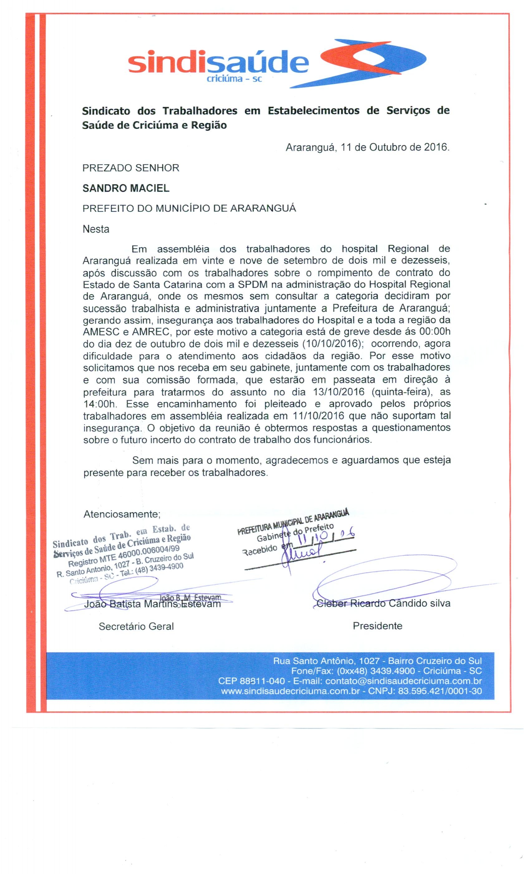 Ofício encaminhado para Sandro Maciel - Prefeito de Araranguá