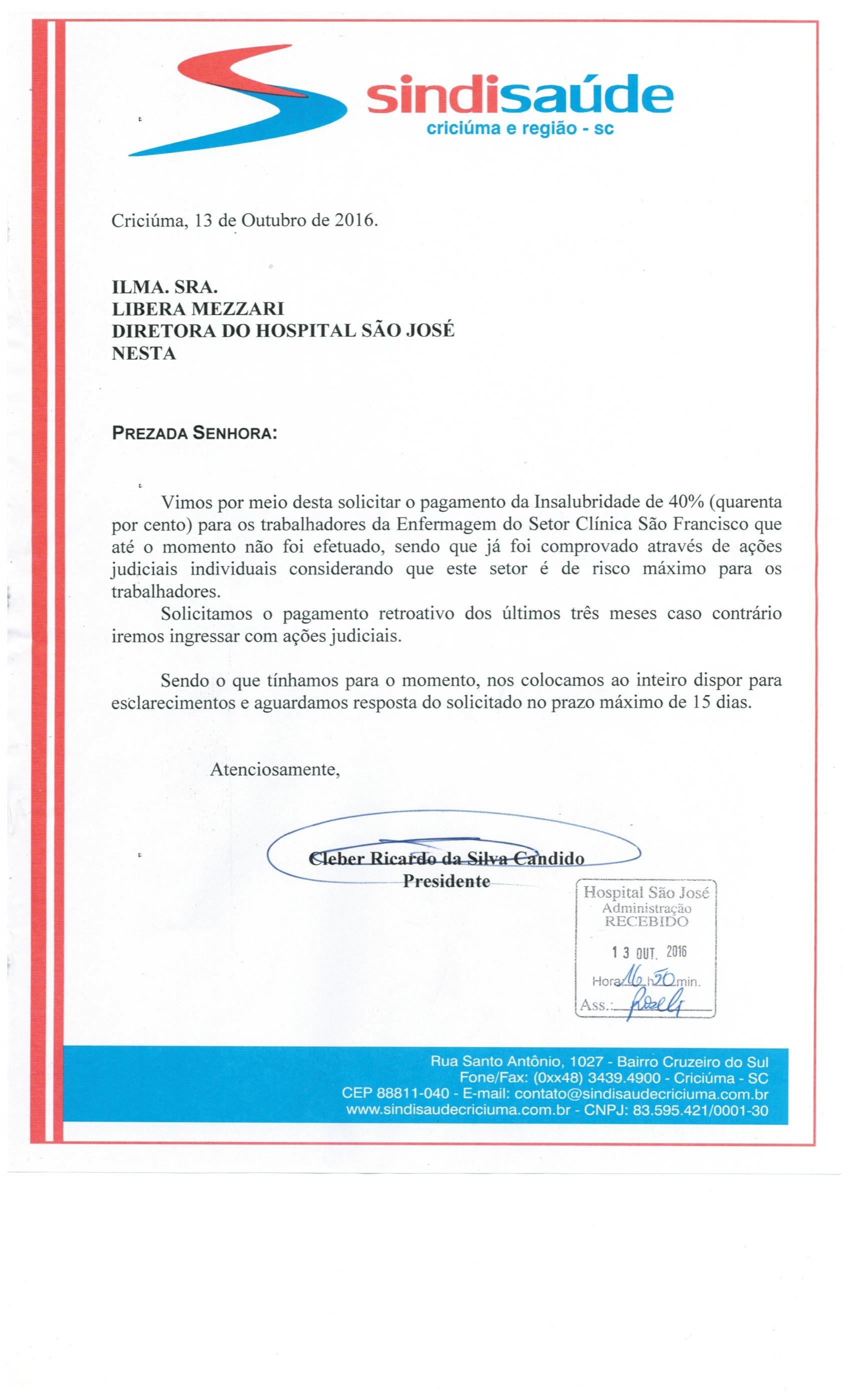 Ofício encaminhado ao HSJ sobre o não pagamento da Insalubridade de 40% na Clínica São Francisco