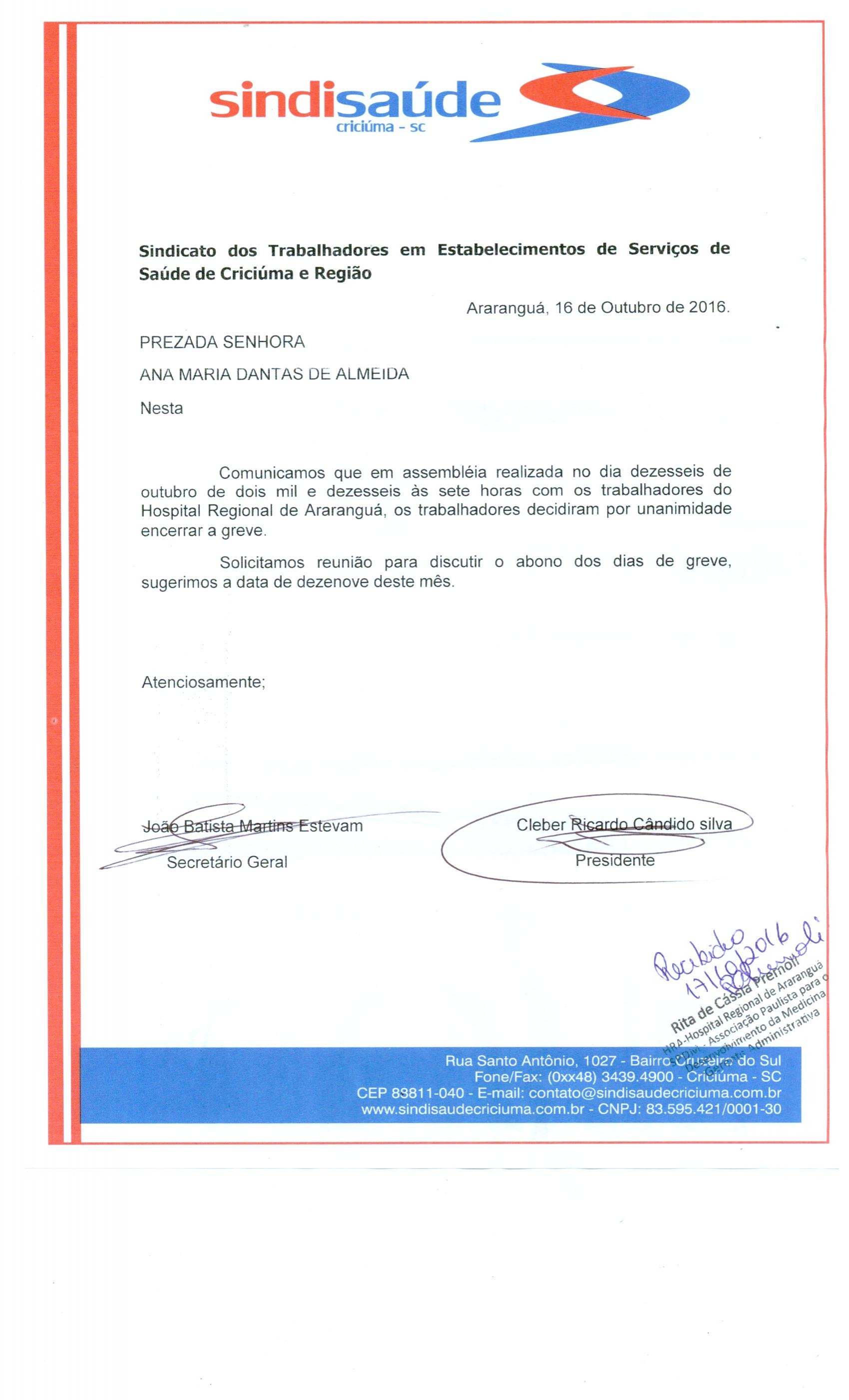 OFÍCIO ENCAMINHADO A SPDM - HRA SOBRE ENCERRAMENTO DA GREVE