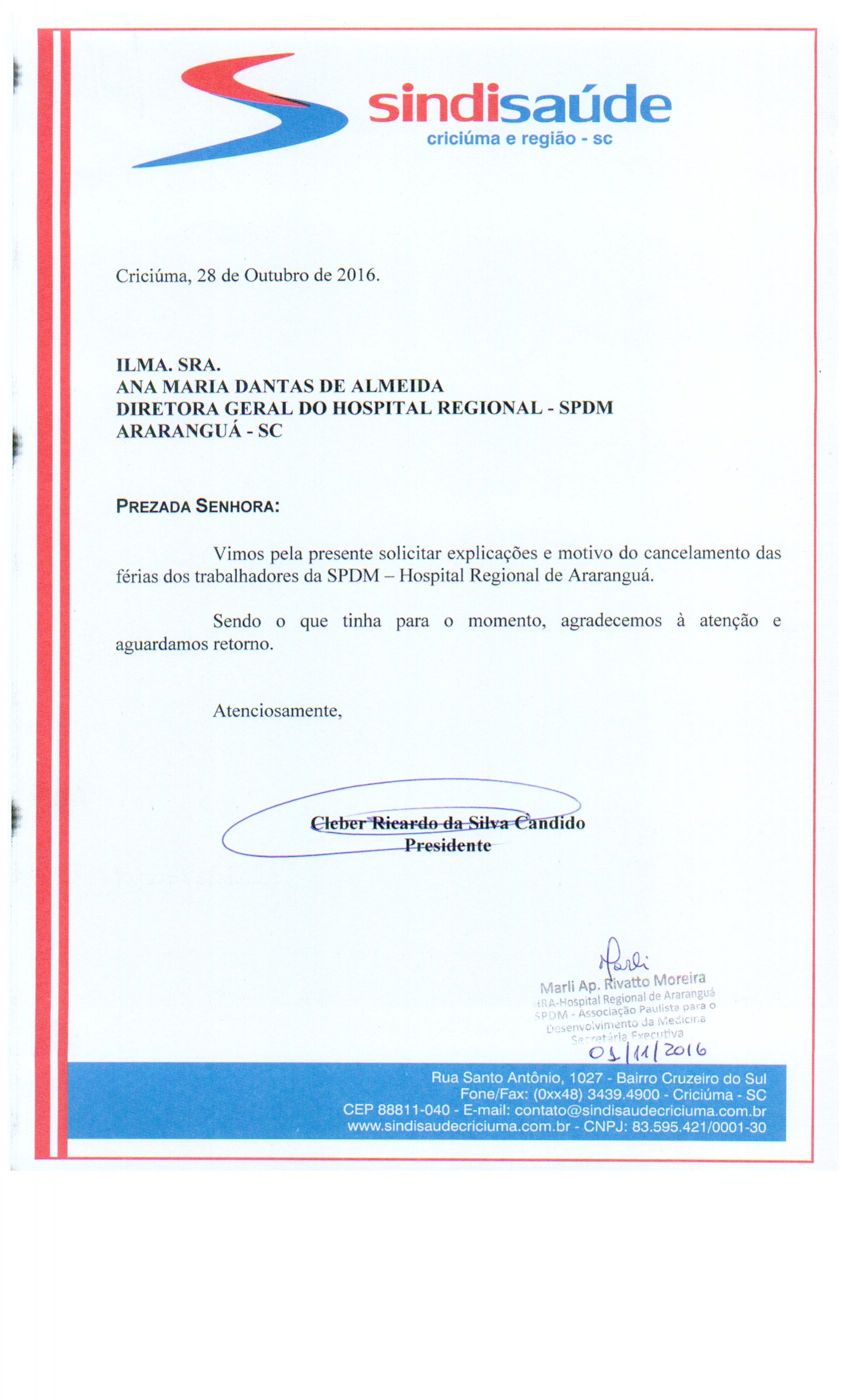 Ofício sobre cancelamento de férias SPDM - HRA e SAMU