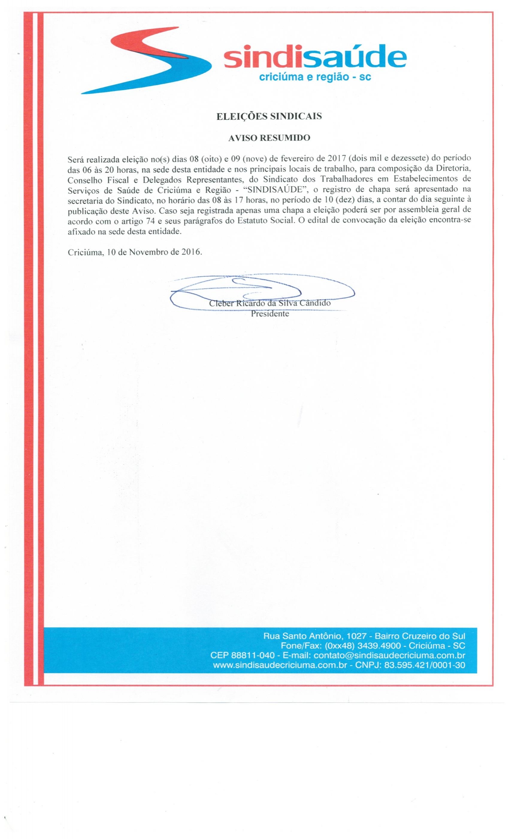 AVISO RESUMIDO ELEIÇÕES SINDICAIS DO SINDISAÚDE