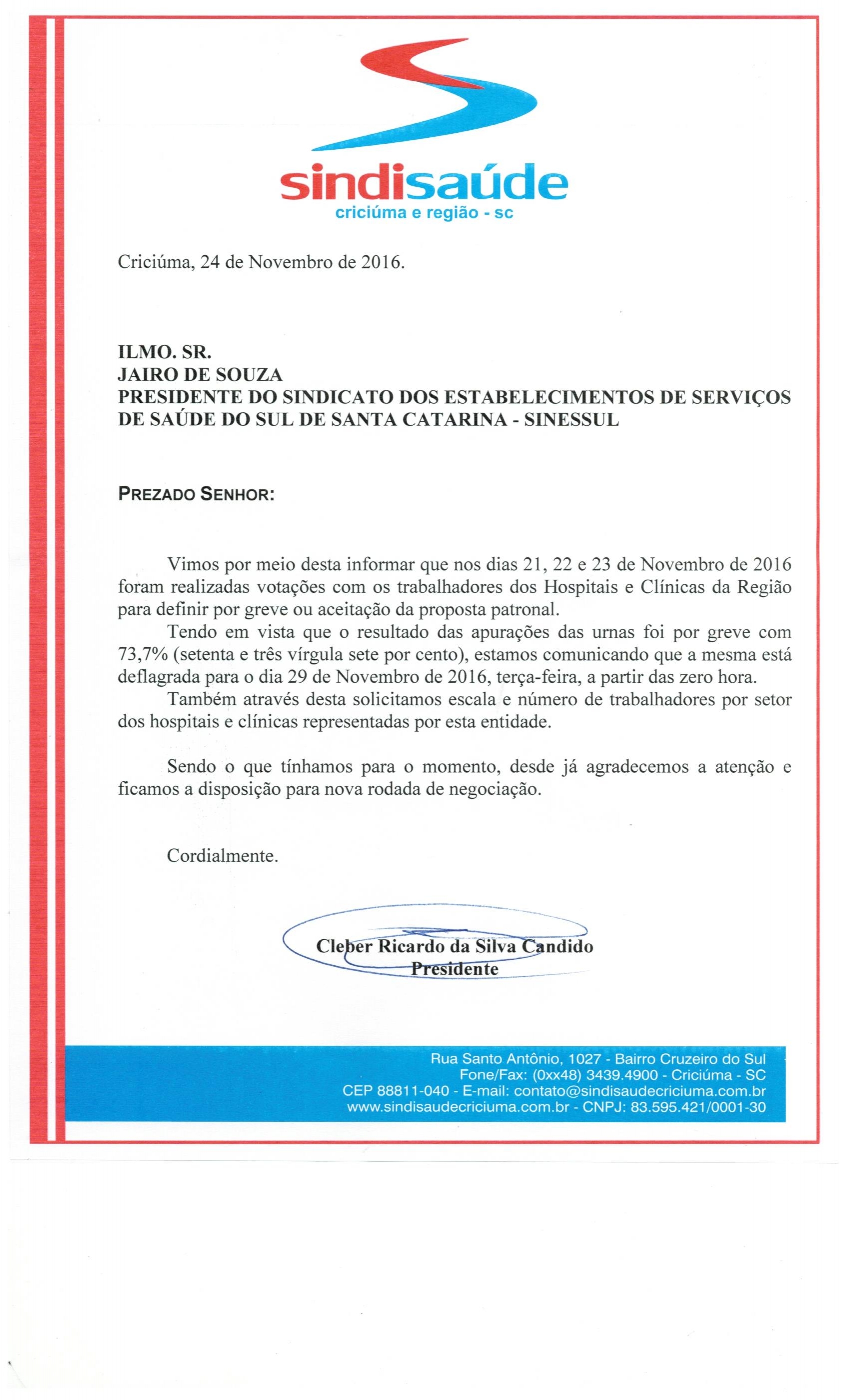OFÍCIO COMUNICAÇÃO DE GREVE GERAL DA CATEGORIA A PARTIR DO DIA 29 DE NOVEMBRO DE 2016