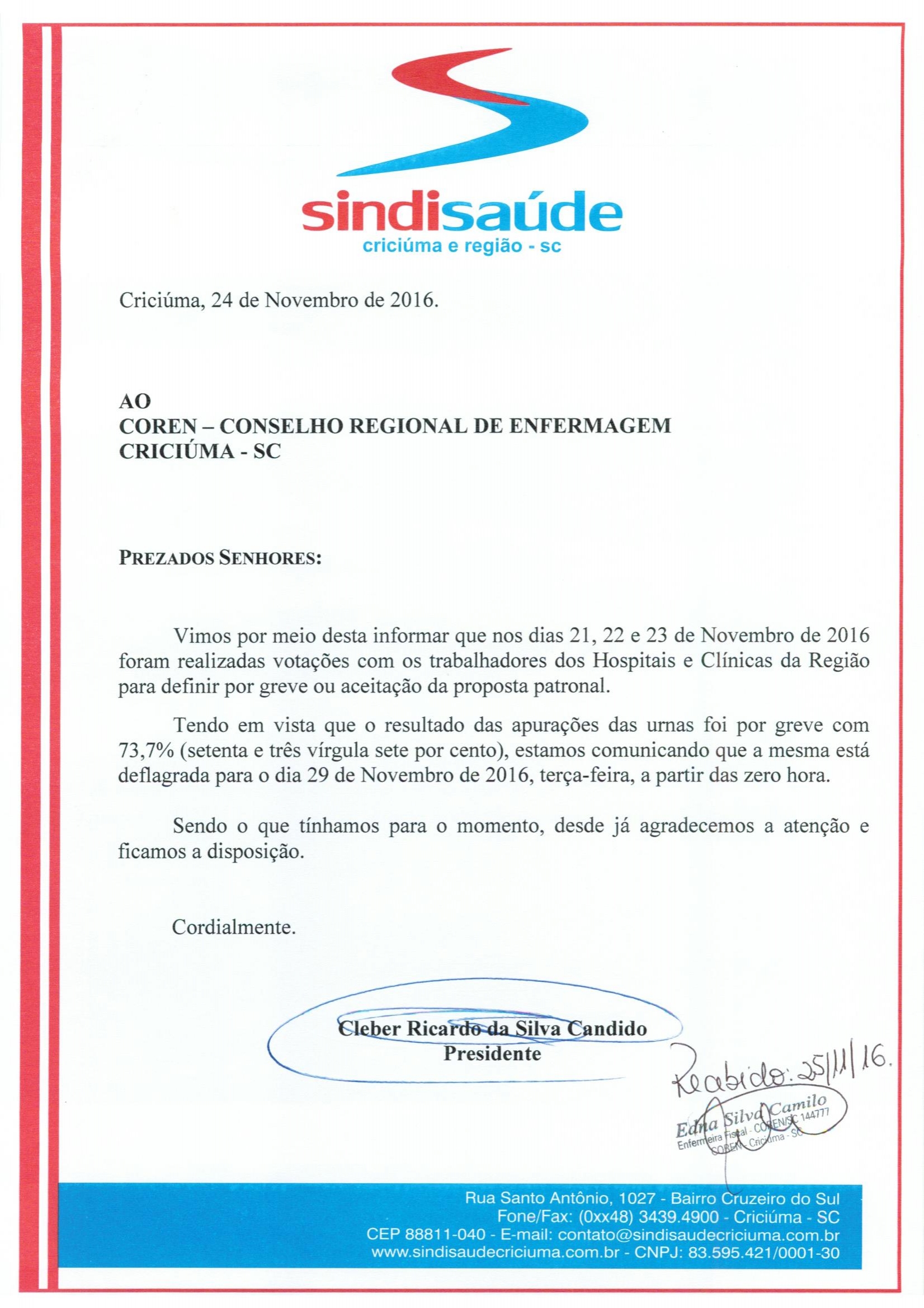 OFÍCIO ENCAMINHADO AO COREN SOBRE GREVE DA CATEGORIA