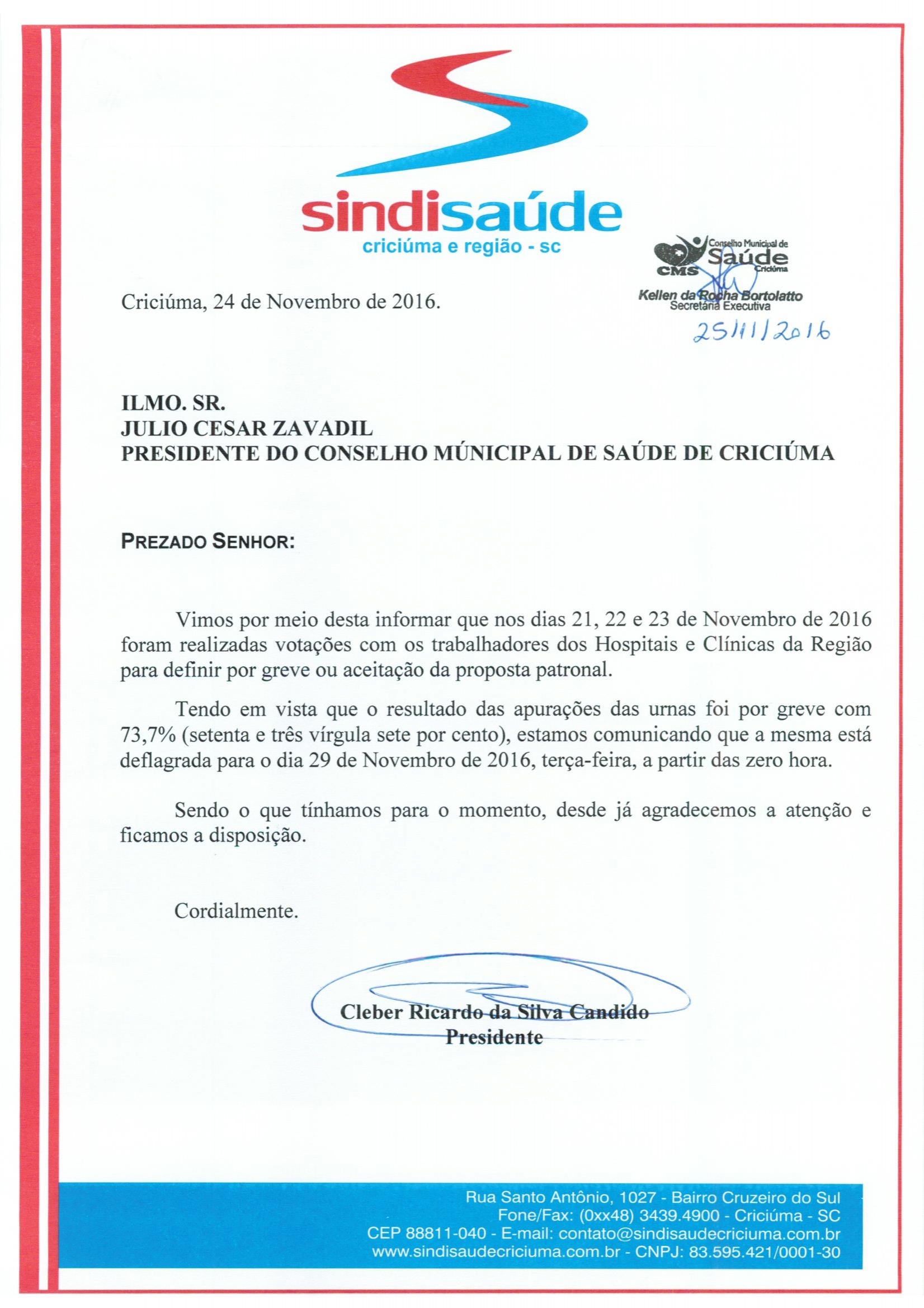 OFÍCIO ENCAMINHADO AO CONSELHO MUNICIPAL DE SAÚDE SOBRE A GREVE DA CATEGORIA