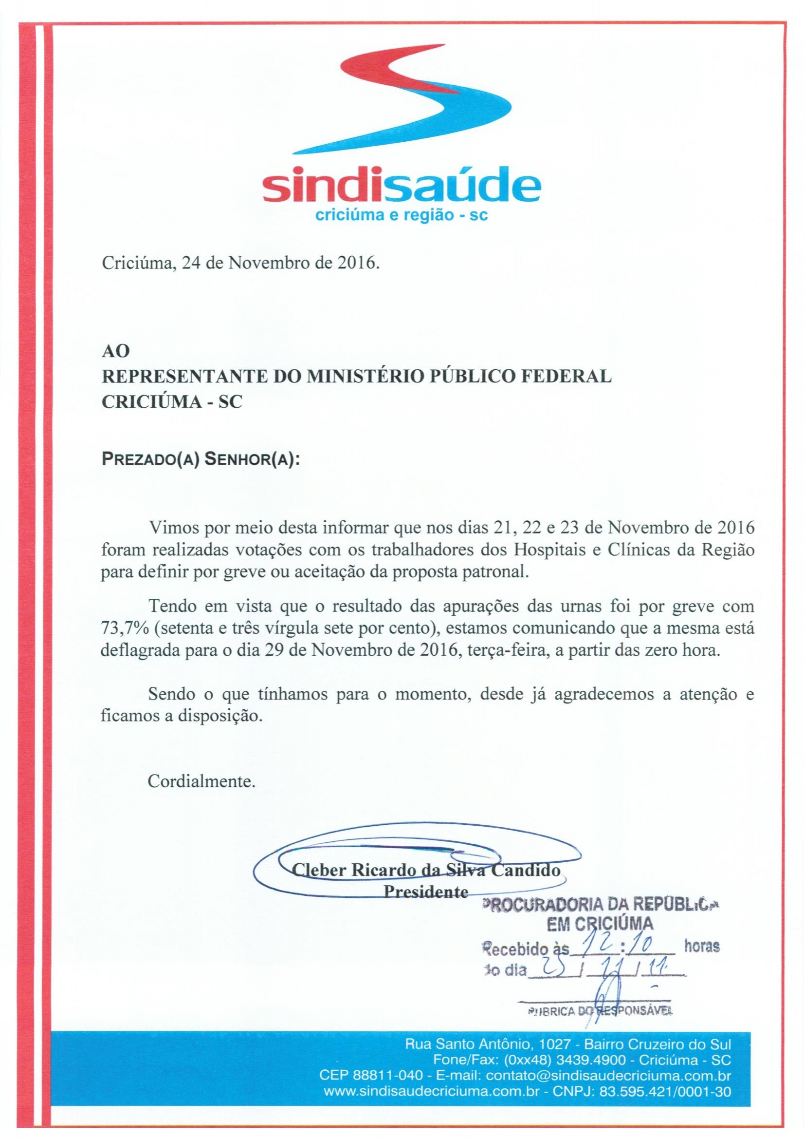 OFÍCIO ENCAMINHADO AO MINISTÉRIO PÚBLICO FEDERAL SOBRE A GREVE DA CATEGORIA