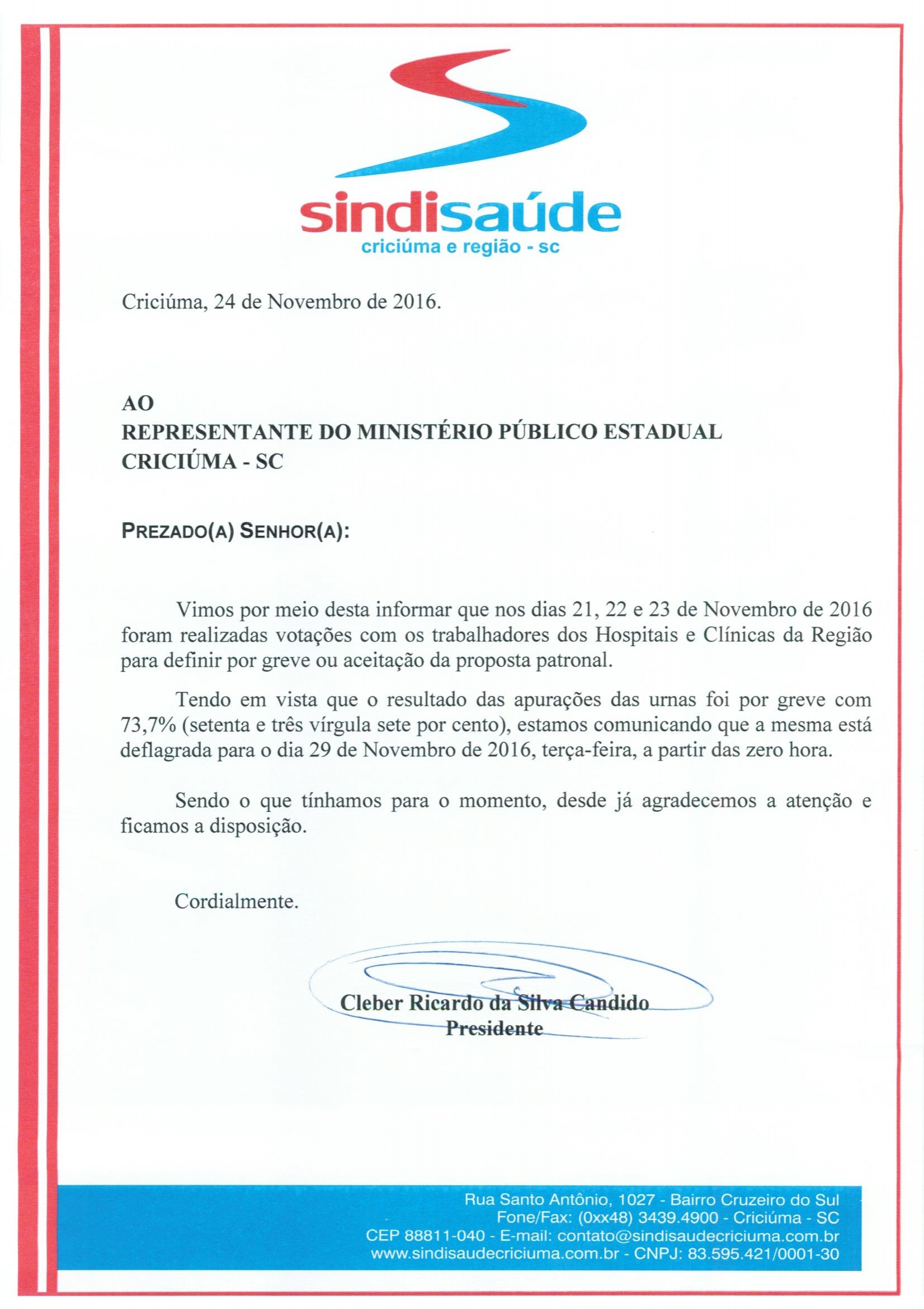 OFÍCIO ENCAMINHADO AO MINISTÉRIO PÚBLICO ESTADUAL SOBRE A GREVE DA CATEGORIA