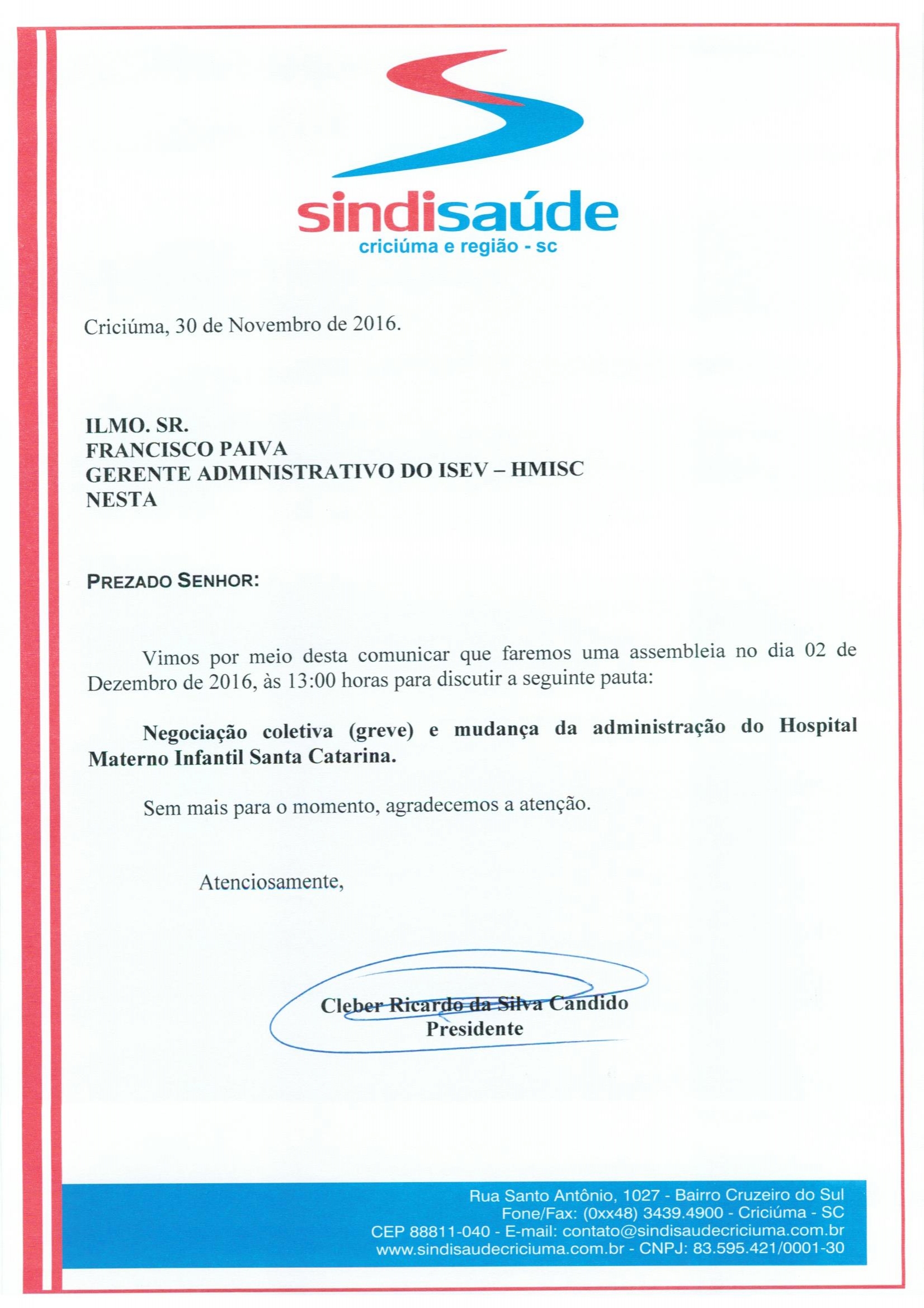 OFÍCIO ASSEMBLEIA ISEV - HOSPITAL MATERNO INFANTIL SANTA CATARINA