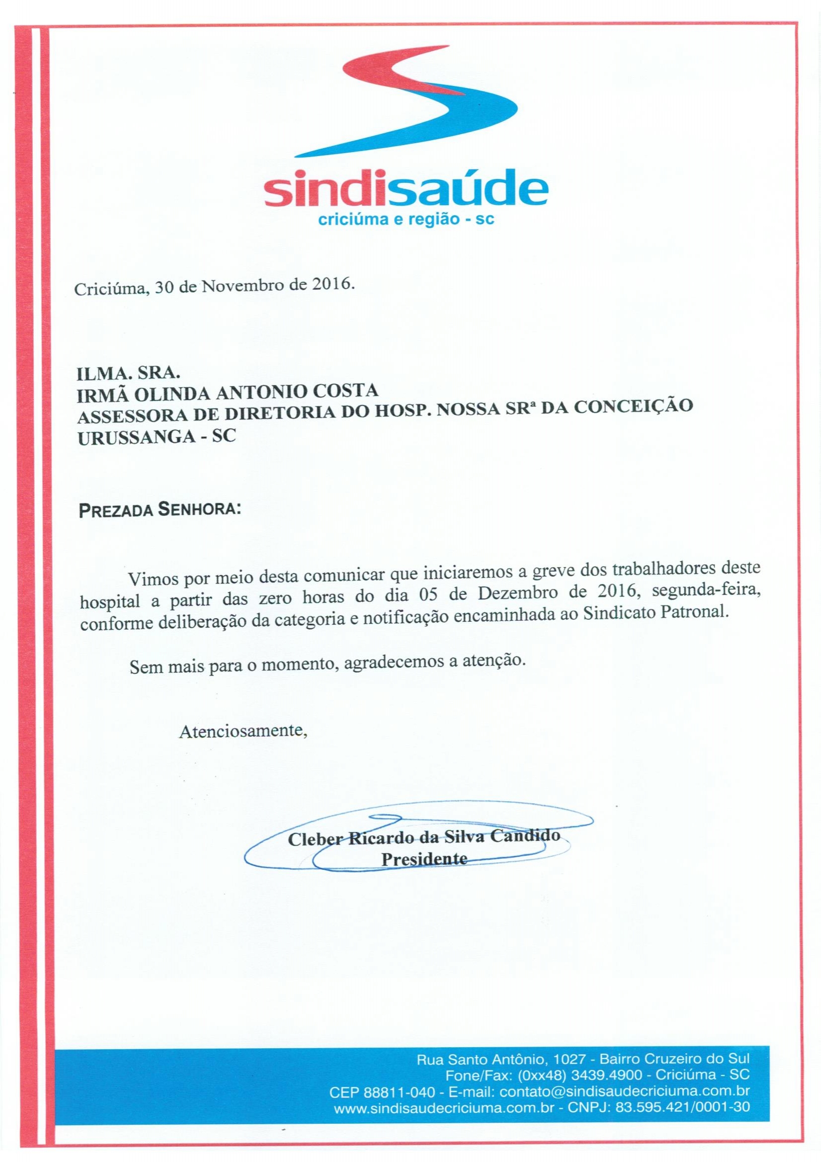 OFÍCIO COMUNICAÇÃO DE GREVE HOSPITAL DE URUSSANGA