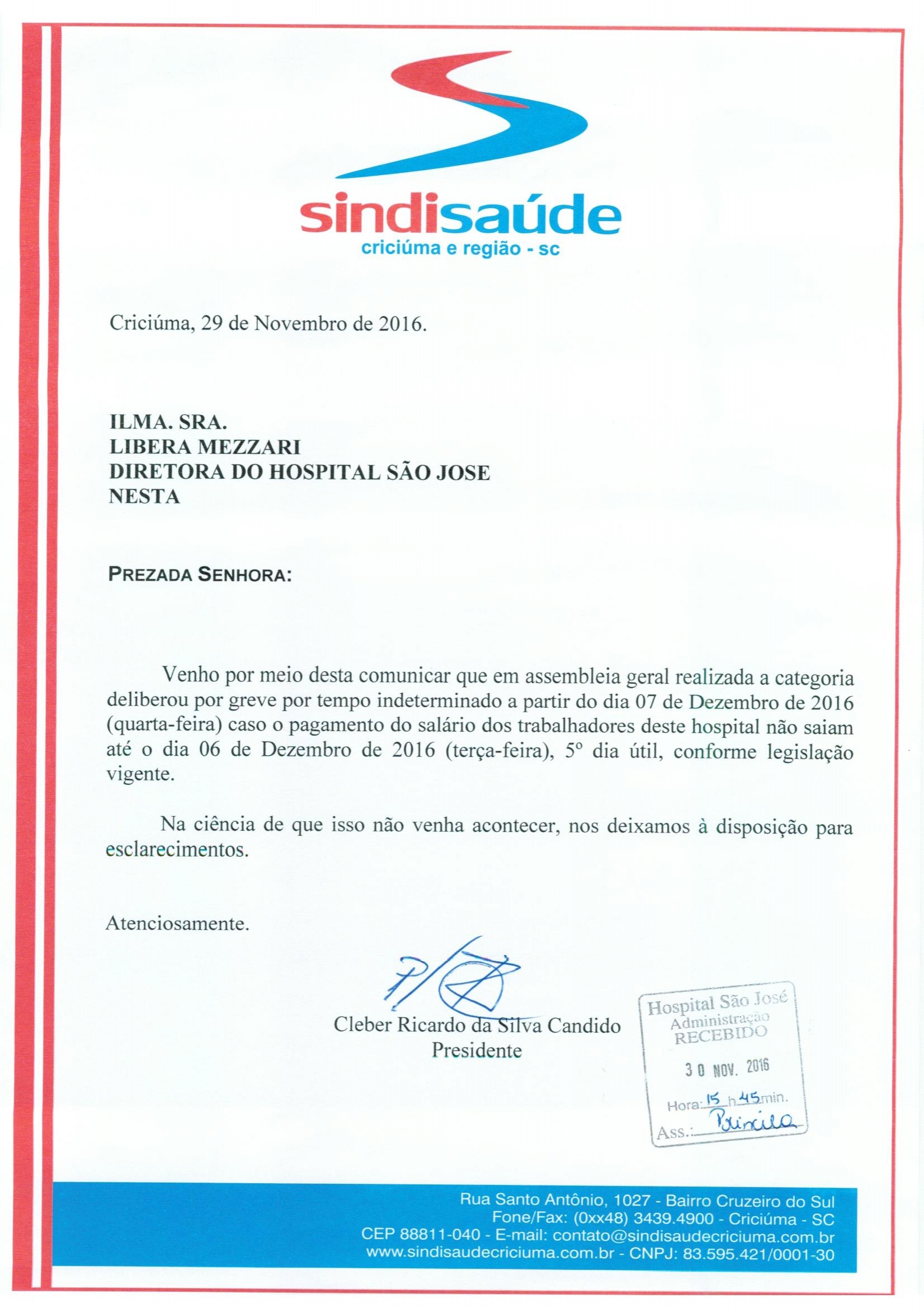 OFÍCIO COMUNICAÇÃO DE GREVE POR ATRASO DE PAGAMENTO DE SALÁRIO HOSPITAL SÃO JOSÉ 