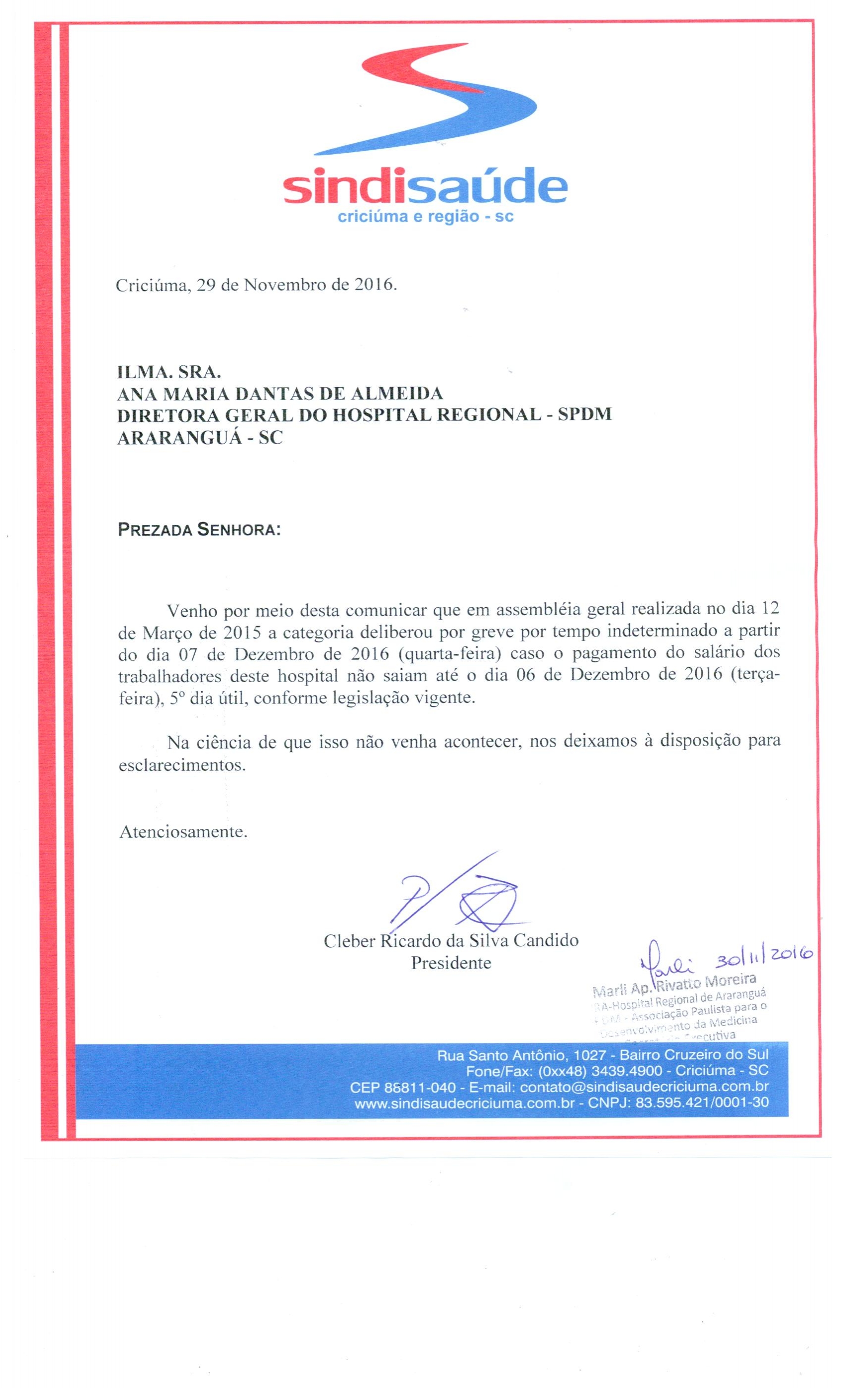 OFÍCIO COMUNICAÇÃO DE GREVE POR ATRASO DE PAGAMENTO DE SALÁRIO - SPDM - HRA