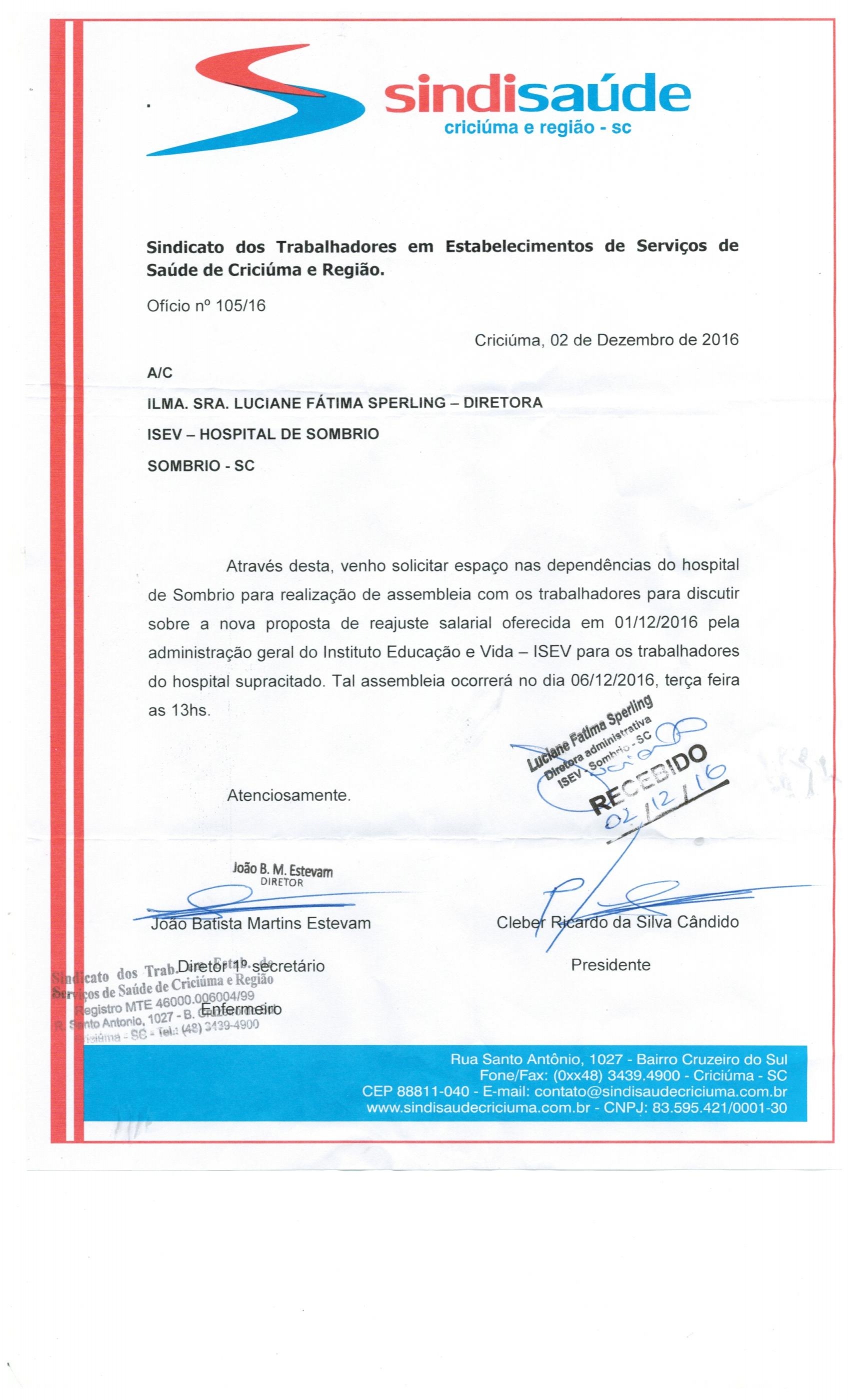 Ofício encaminhado ao ISEV - Sombrio sobre assembleia com os trabalhadores