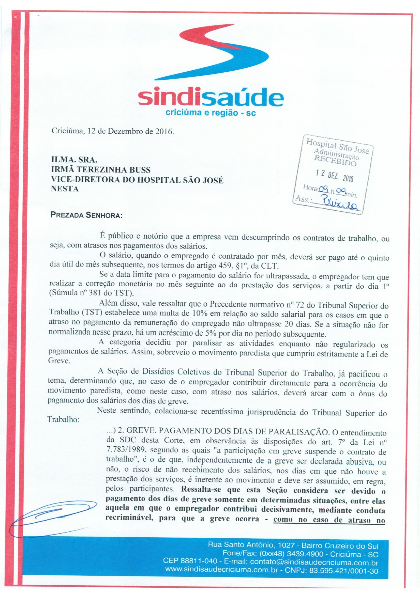 OFÍCIO SOBRE GREVE ENCAMINHADO AO HOSPITAL SÃO JOSÉ