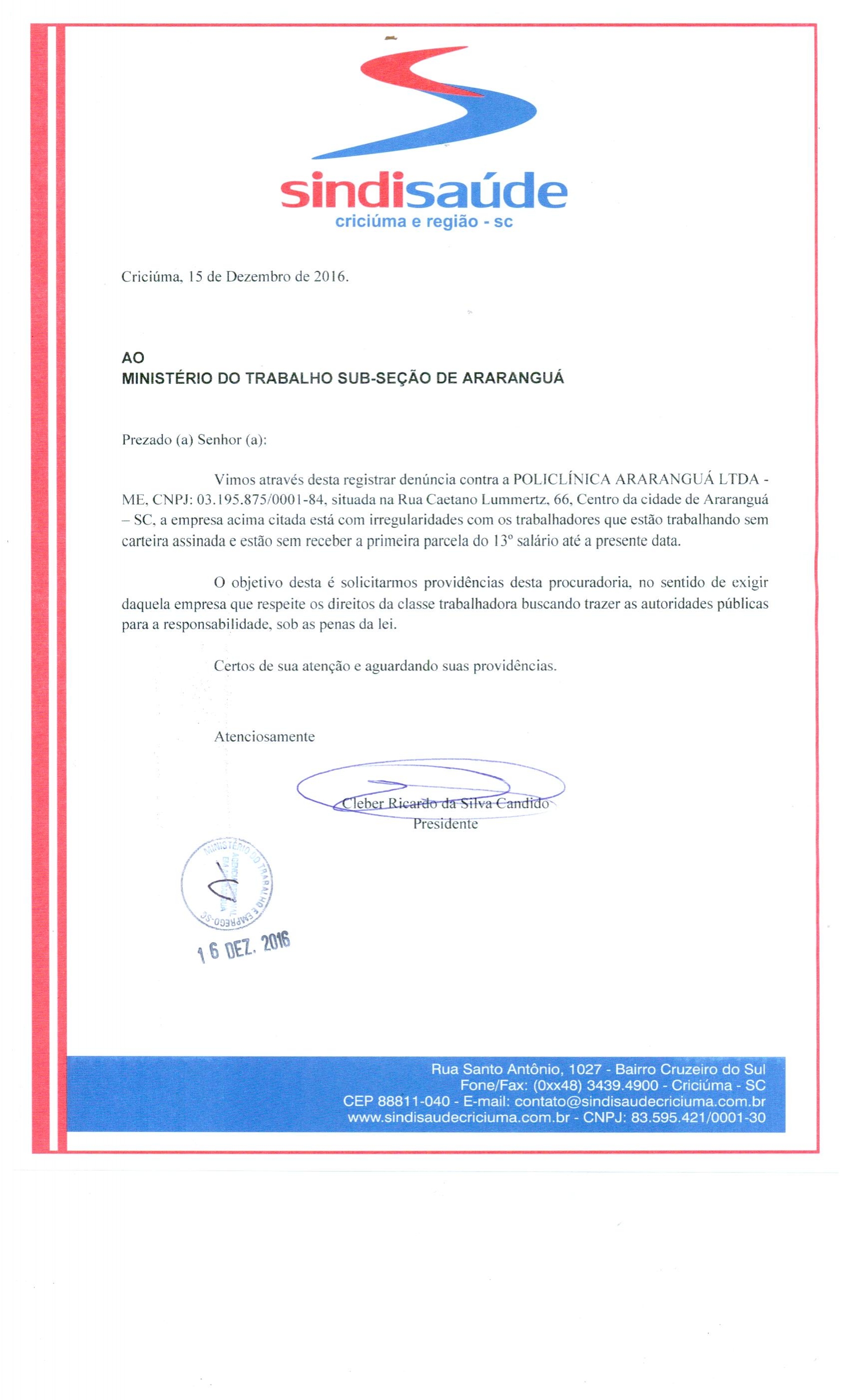 OFÍCIO ENCAMINHADO AO MINISTÉRIO DO TRABALHO DE ARARANGUÁ