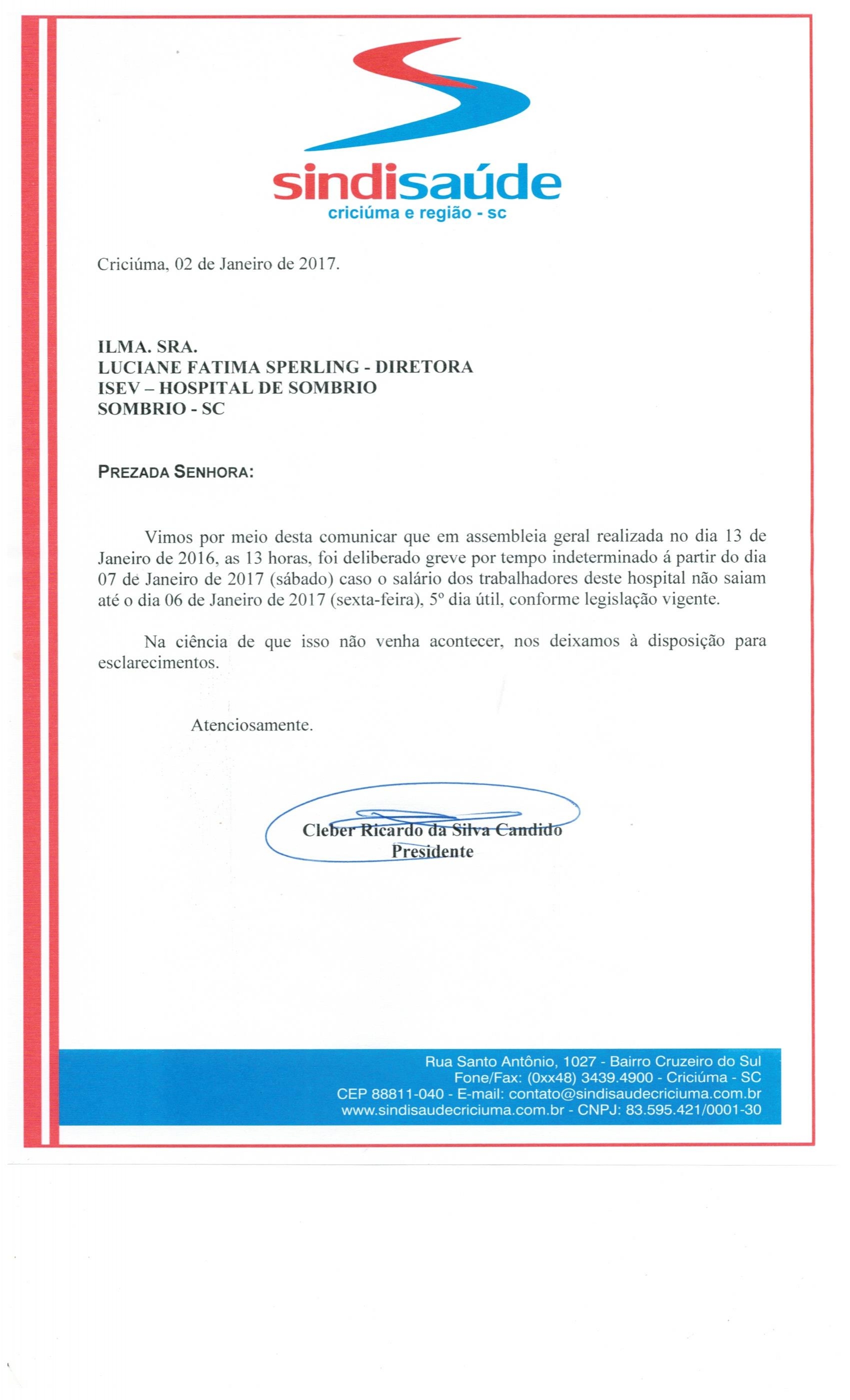 Oficio Atraso de pagamento de Salario ISEV-Hospital de Sombrio